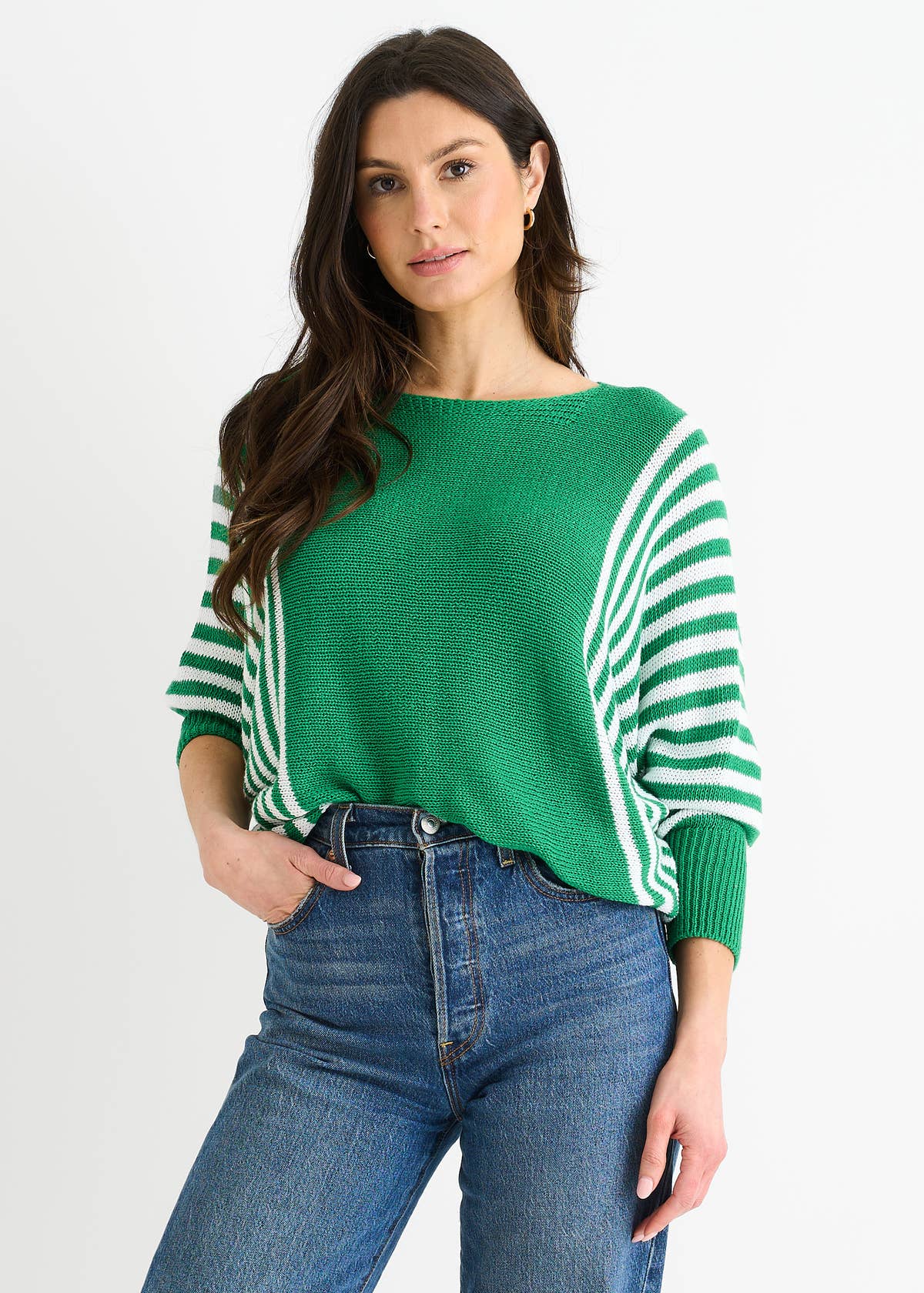 Green Cotton Stripe Pattern Batwing Jumper Top