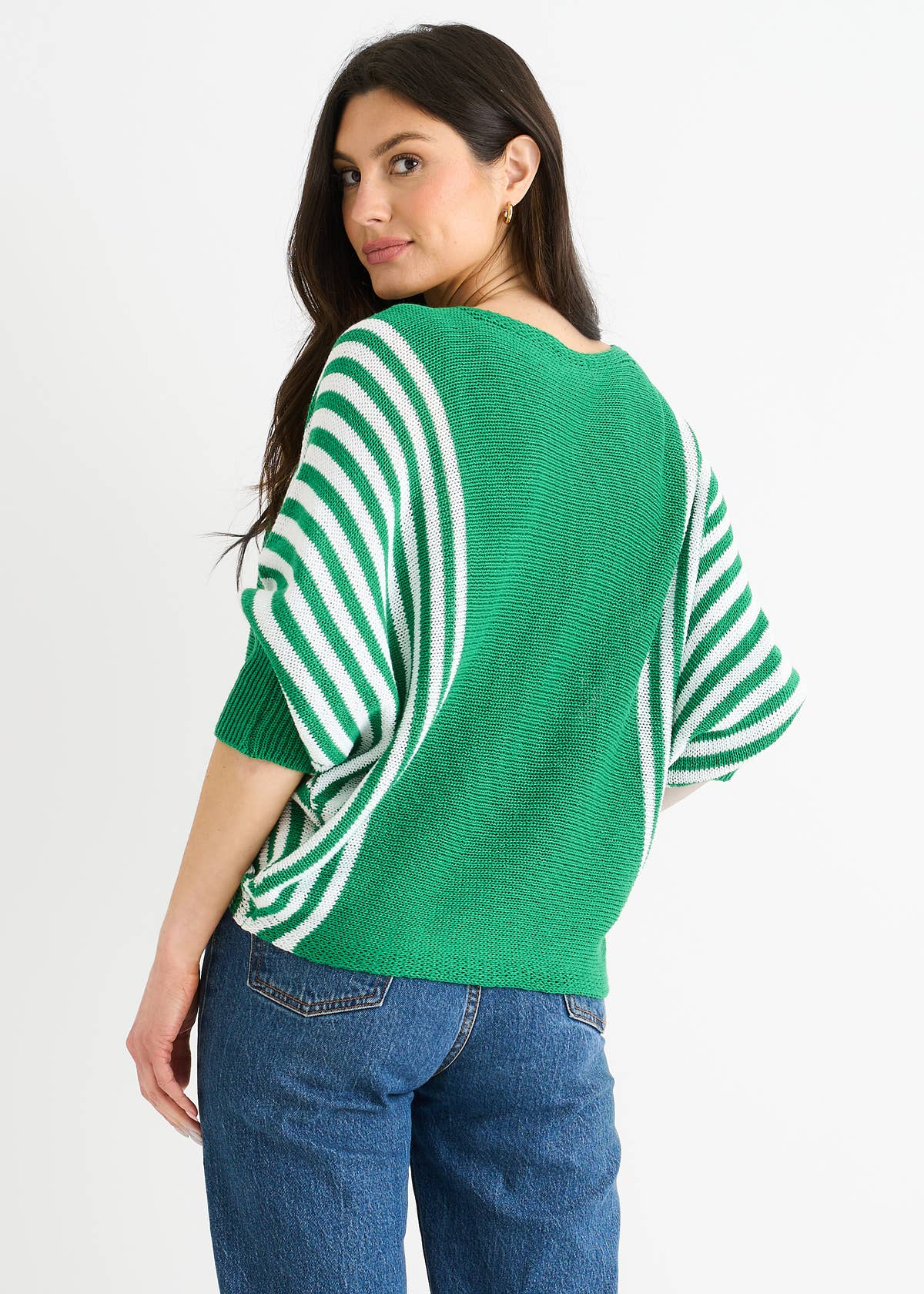 Green Cotton Stripe Pattern Batwing Jumper Top