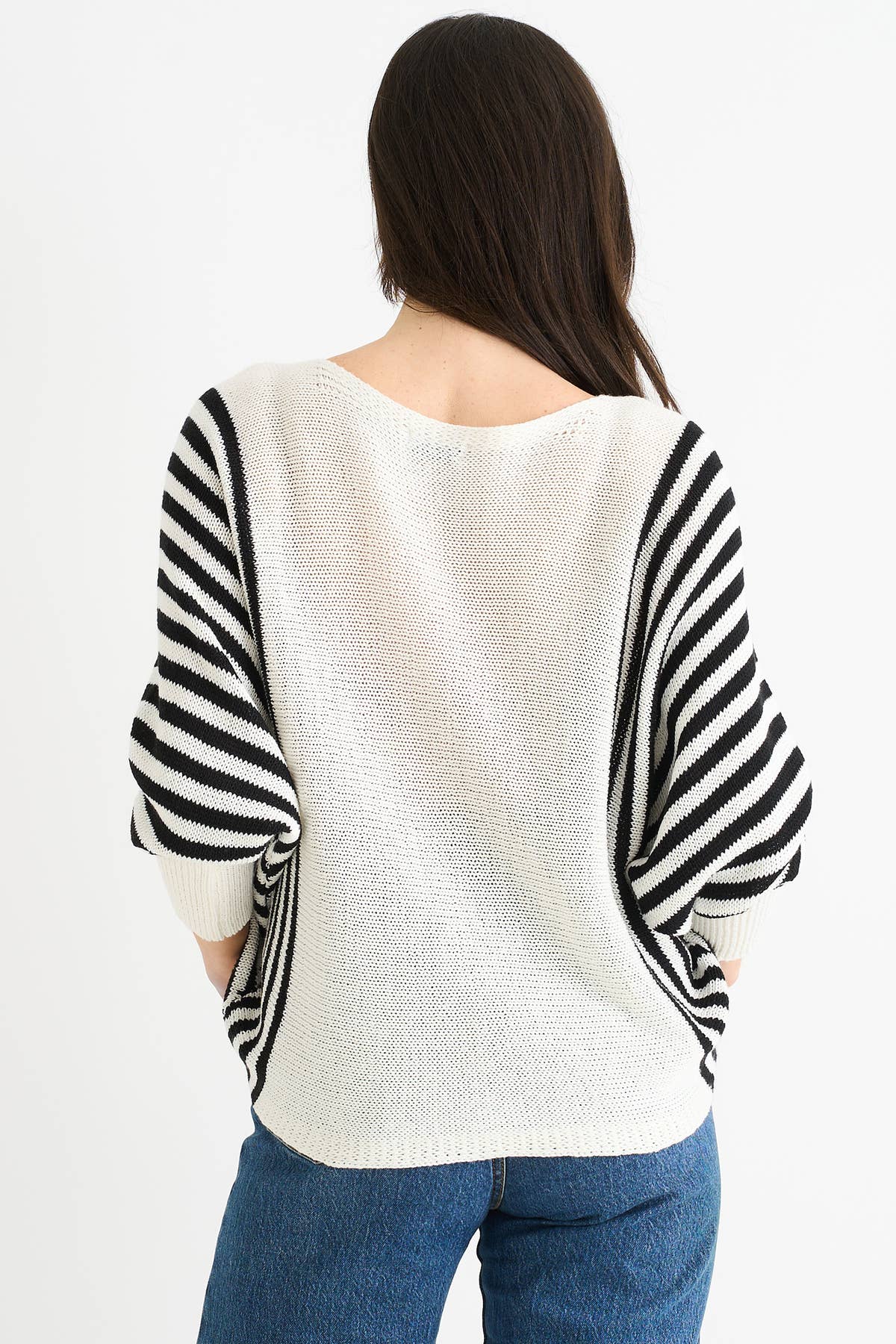White Cotton Stripe Pattern Batwing Jumper Top