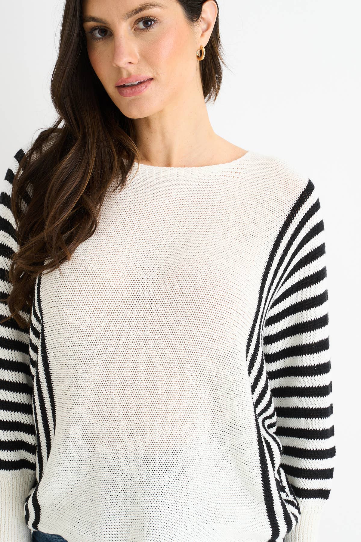 White Cotton Stripe Pattern Batwing Jumper Top