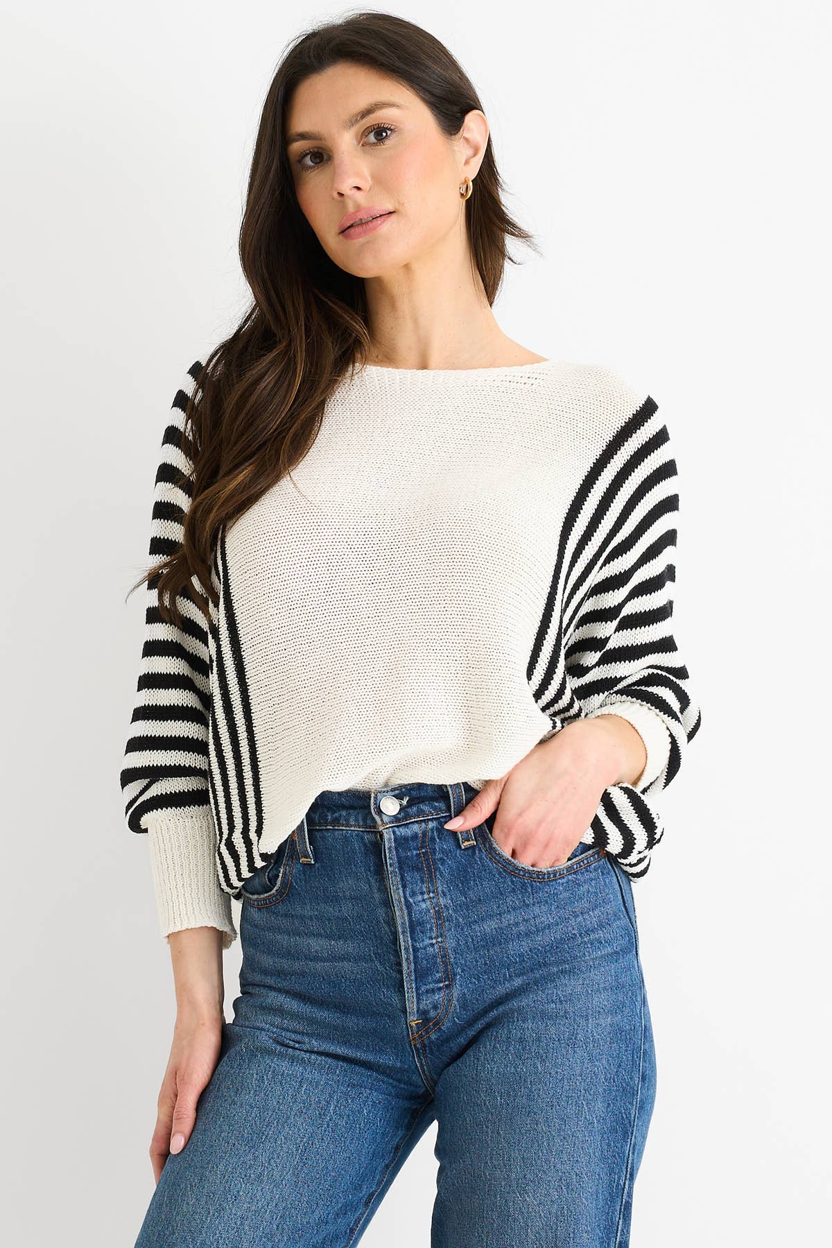 White Cotton Stripe Pattern Batwing Jumper Top
