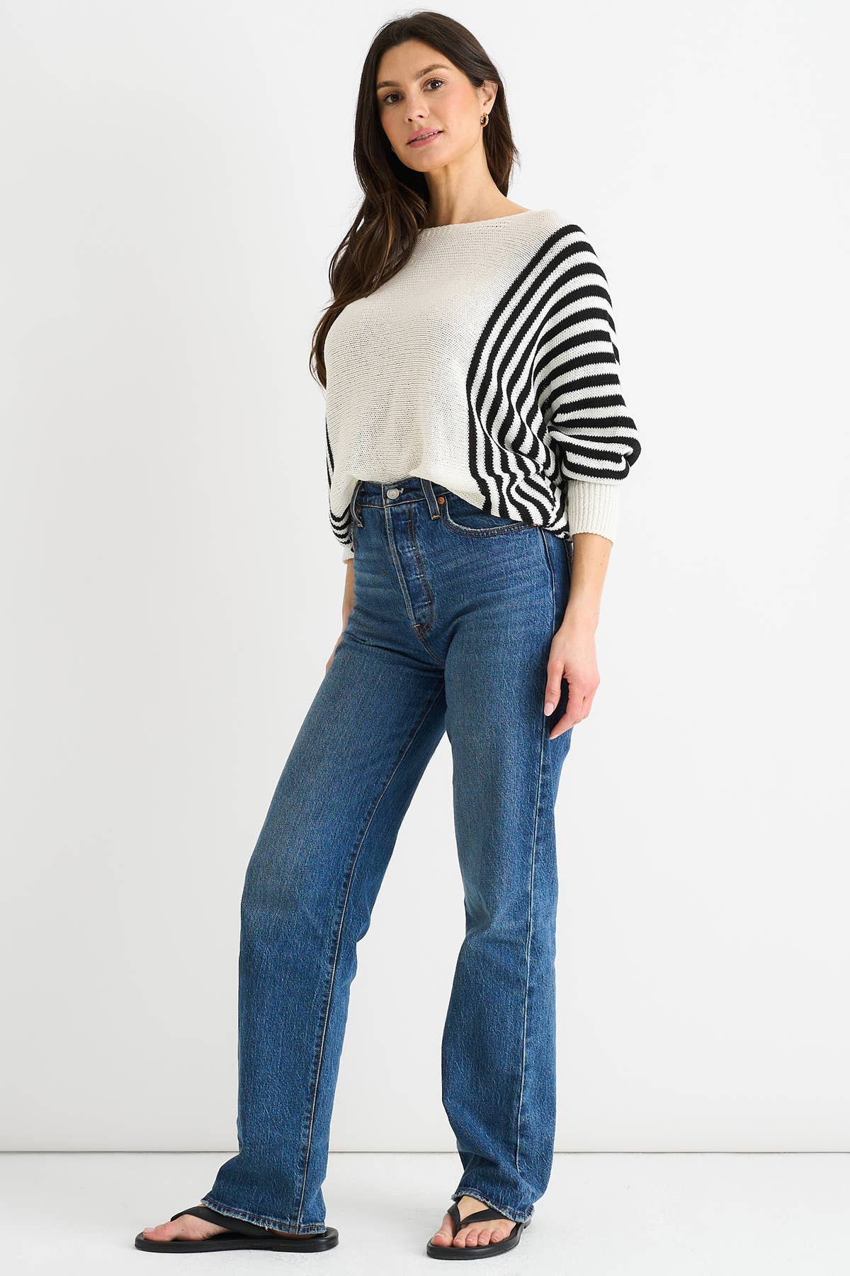 White Cotton Stripe Pattern Batwing Jumper Top