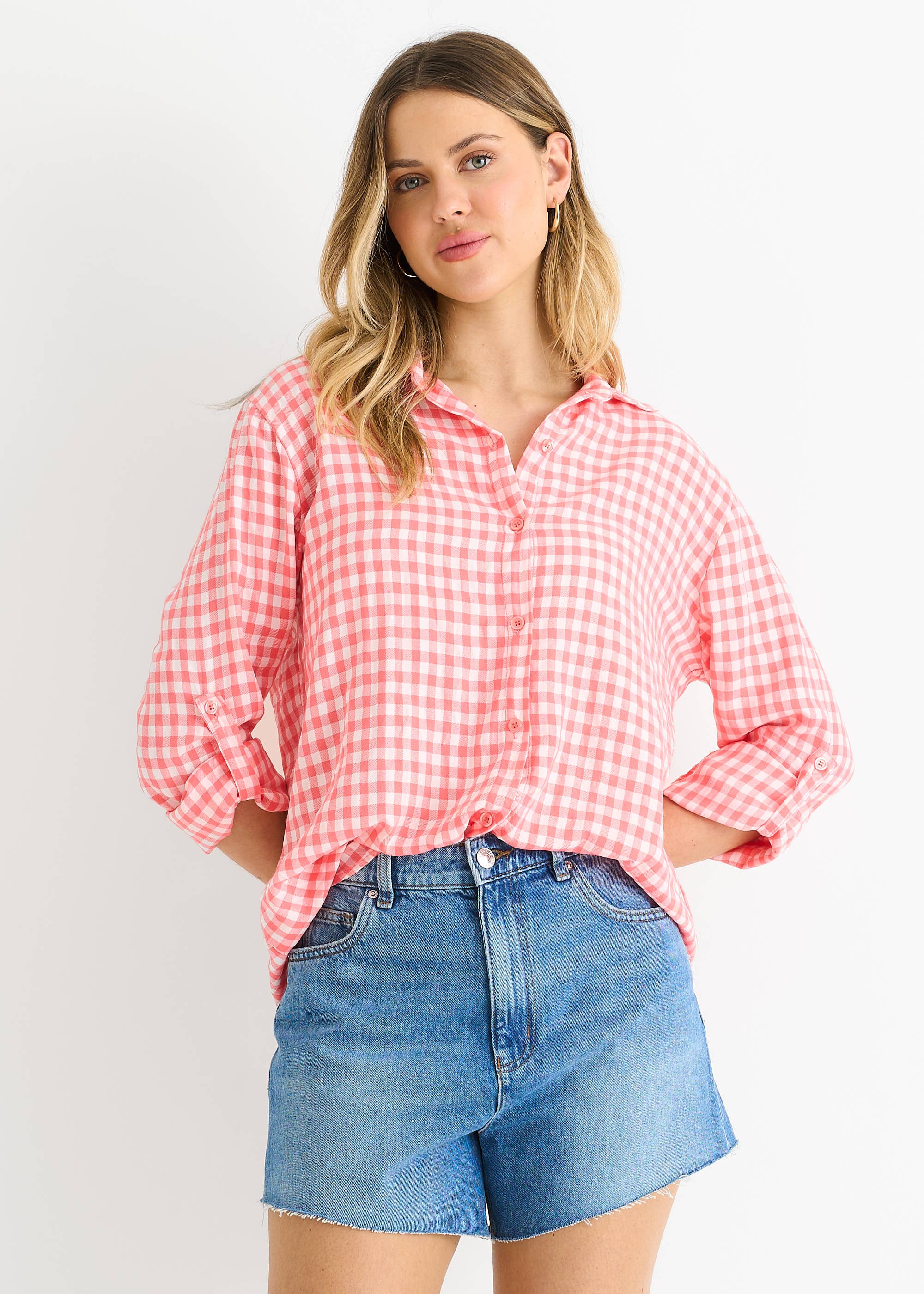 Coral Cotton Gingham Roll Up Sleeves Oversized Tie Top