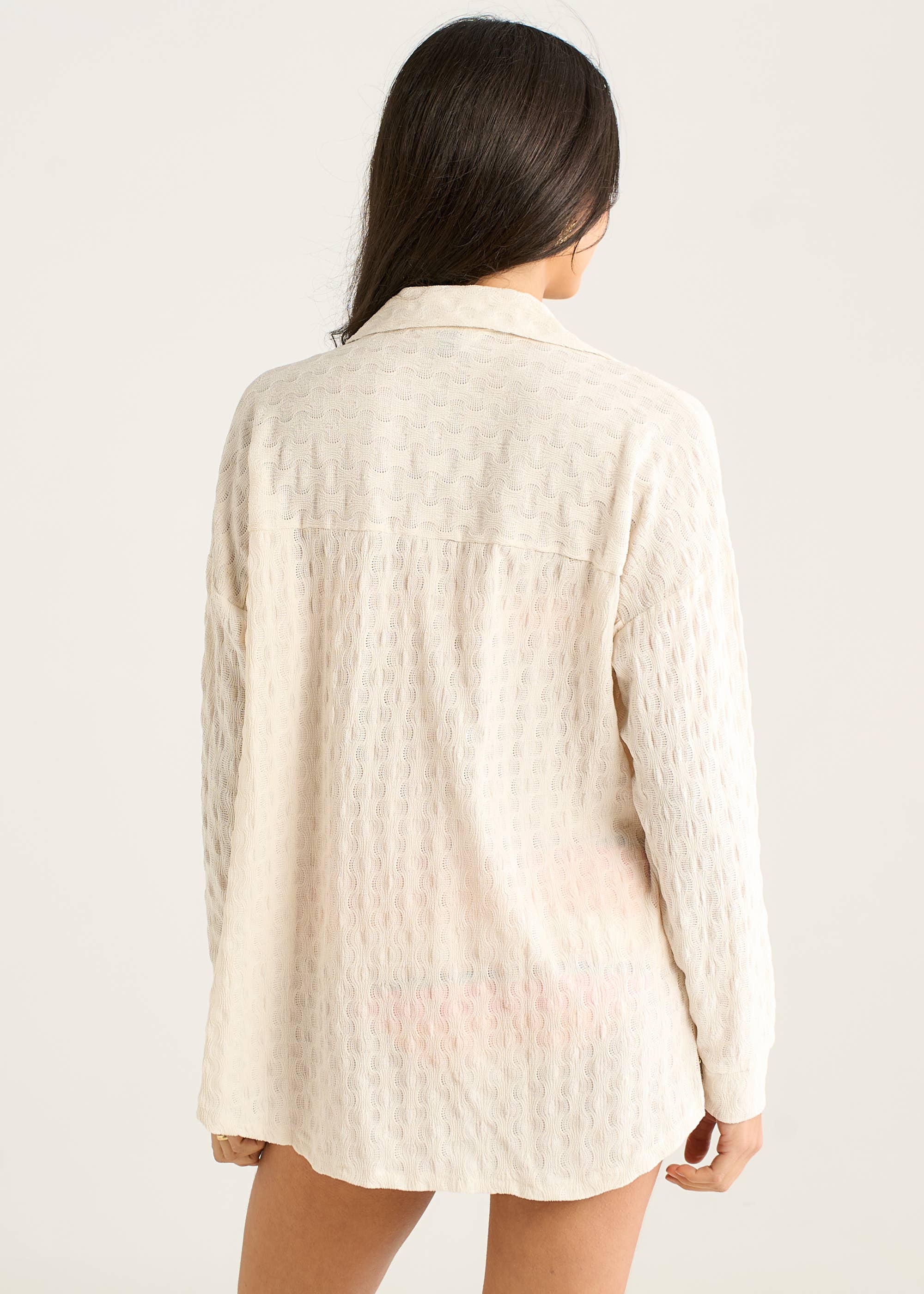 Beige Textured Oversized Long Sleeve Shirt