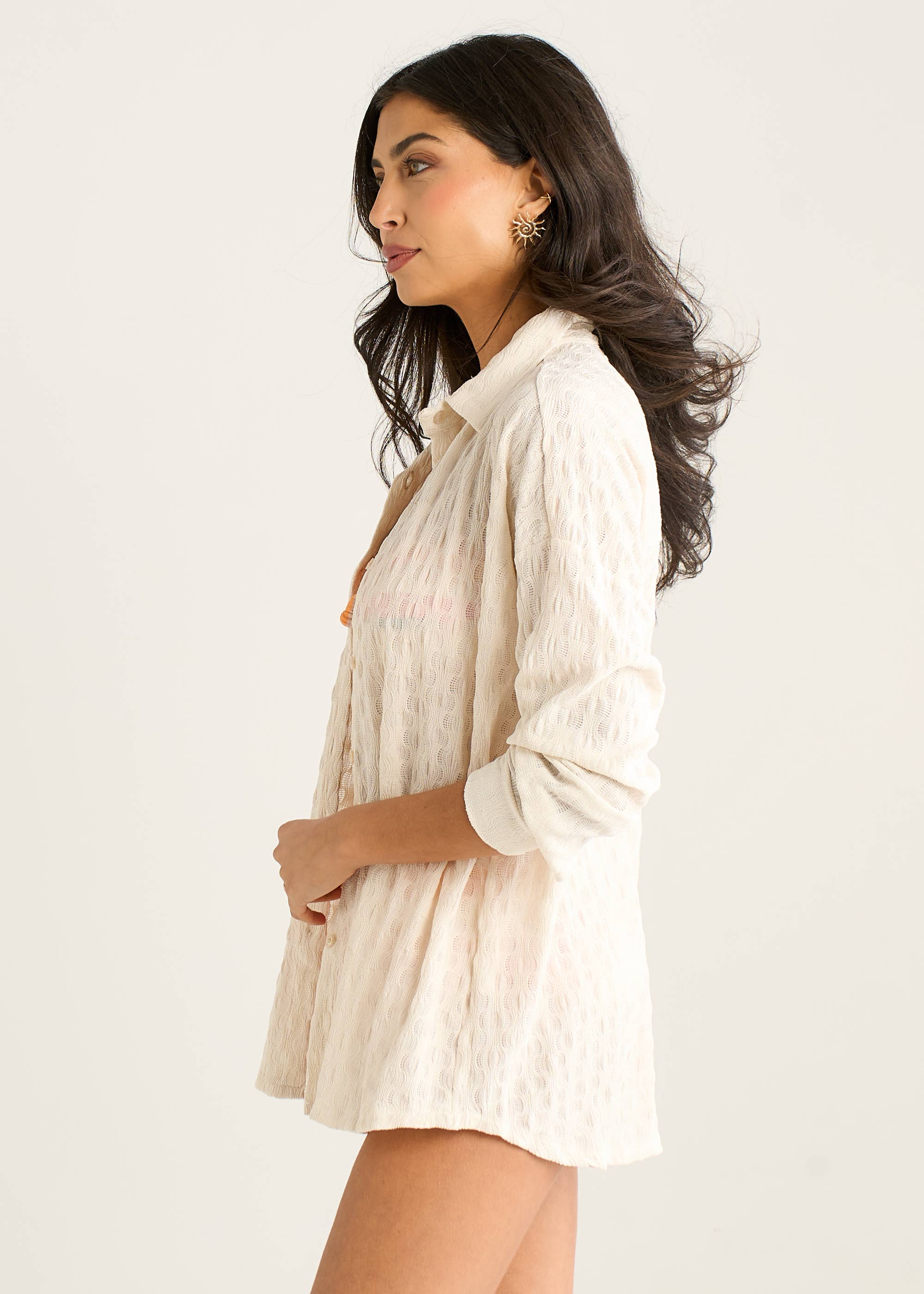 Beige Textured Oversized Long Sleeve Shirt