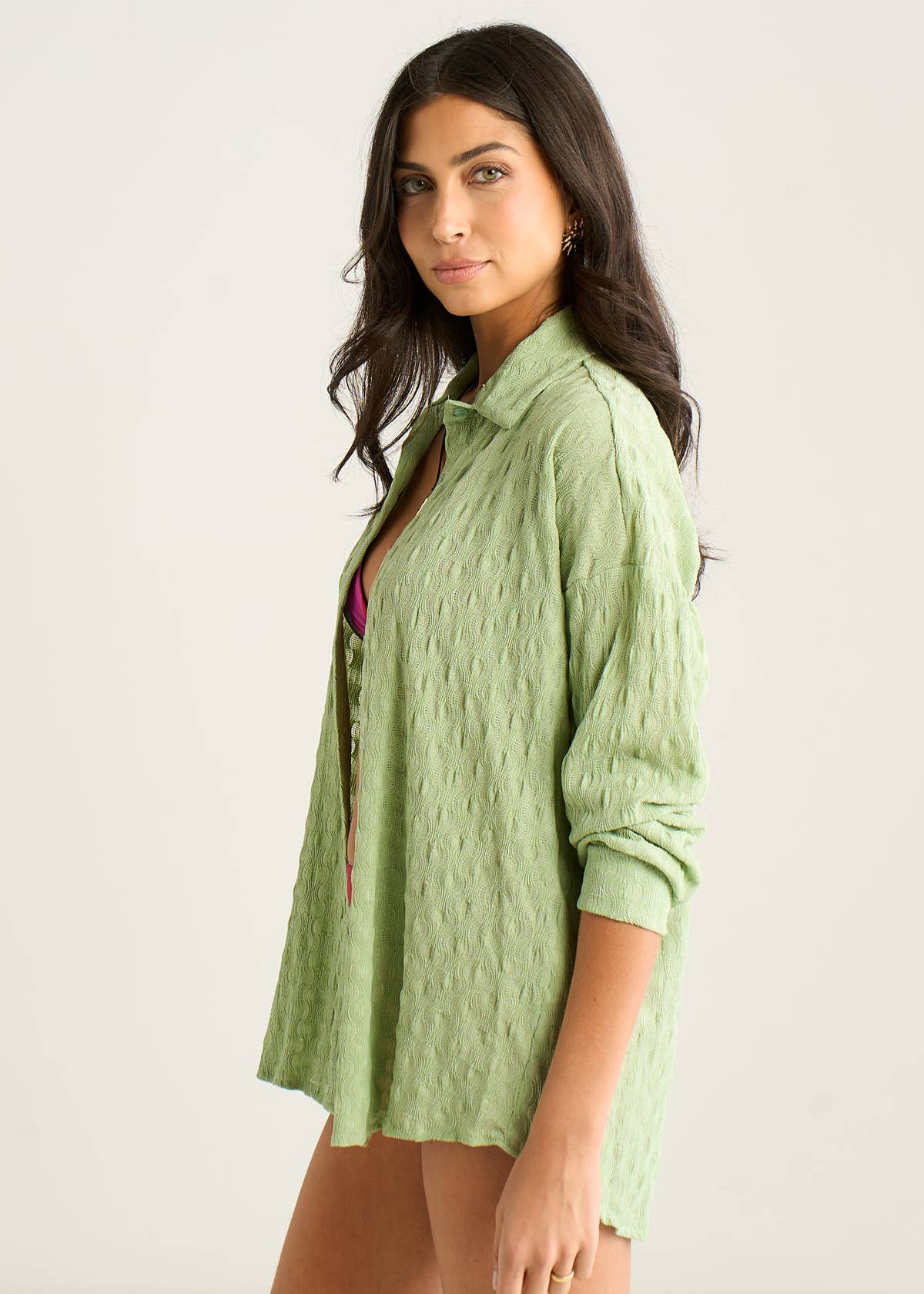 Sage Green Textured Oversized Long Sleeve Shirt – View 4 | Gini London