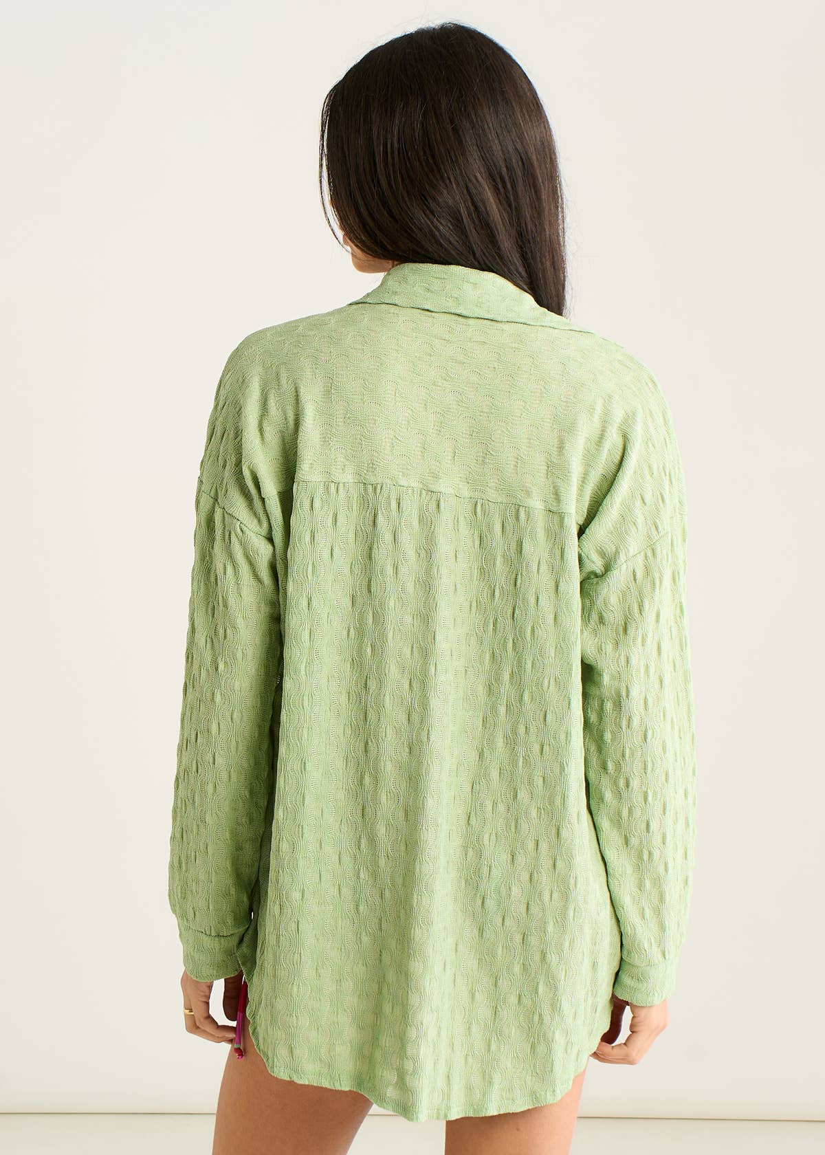 Sage Green Textured Oversized Long Sleeve Shirt – View 2 | Gini London