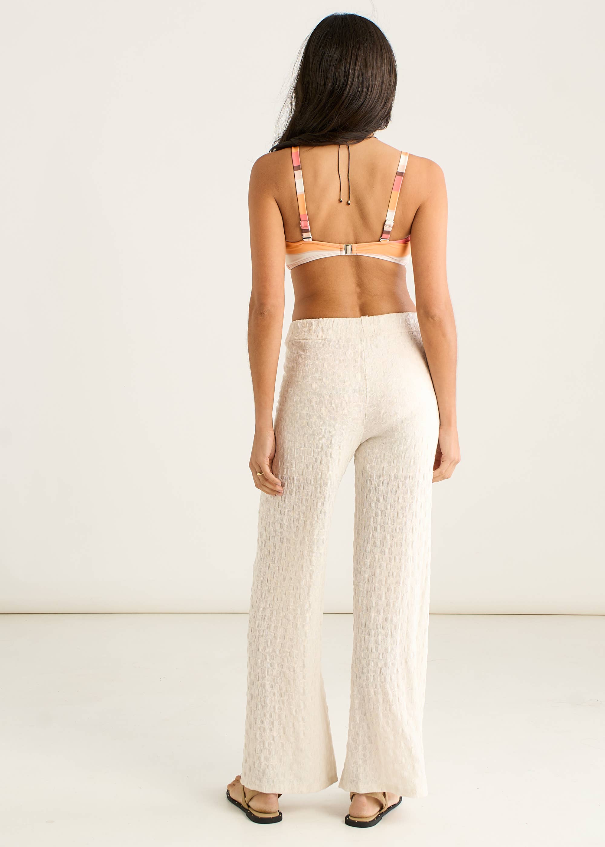 Beige Textured Elasticated Waist Flared Trousers