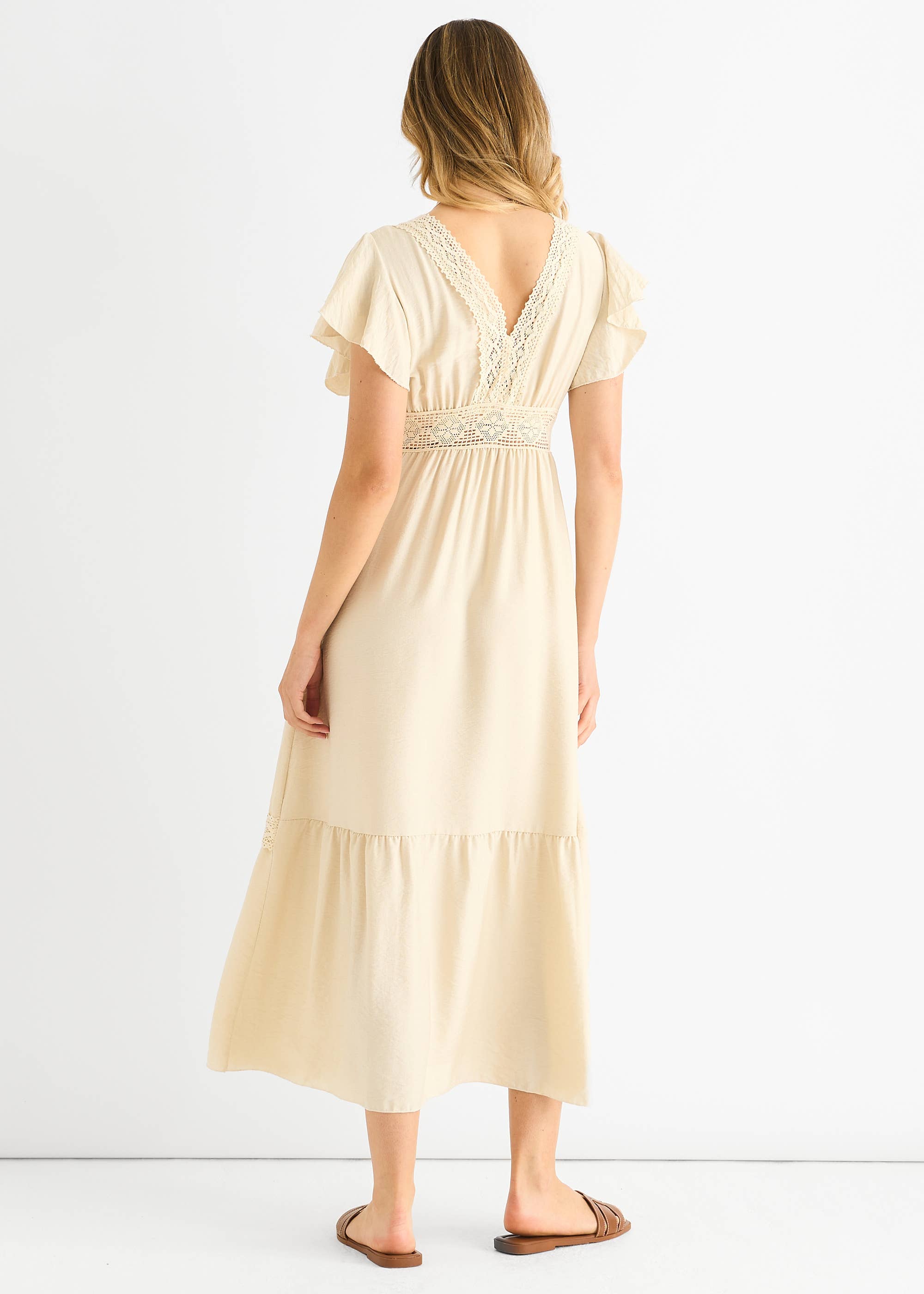 Beige Crochet Lace Panel Elasticated Waist Midi Dress