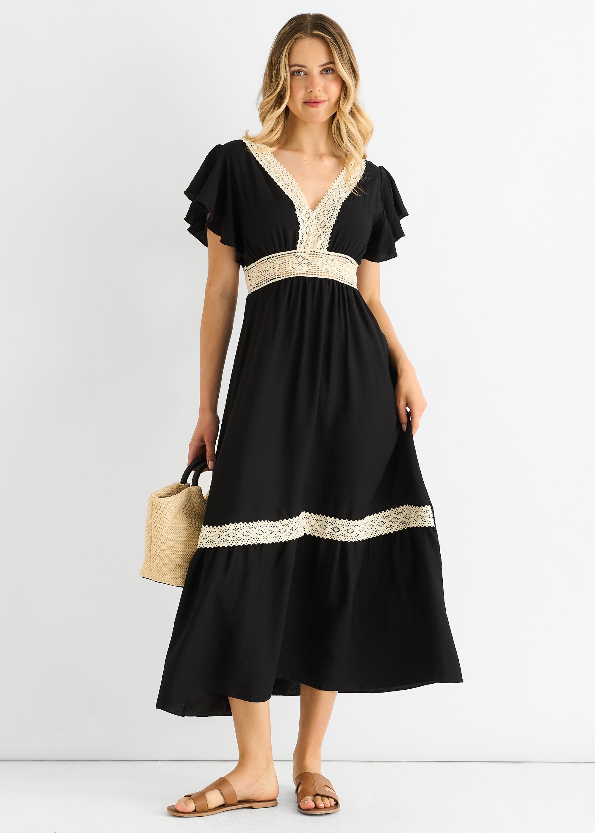 Crochet Lace Panel Elasticated Waist Midi Dress