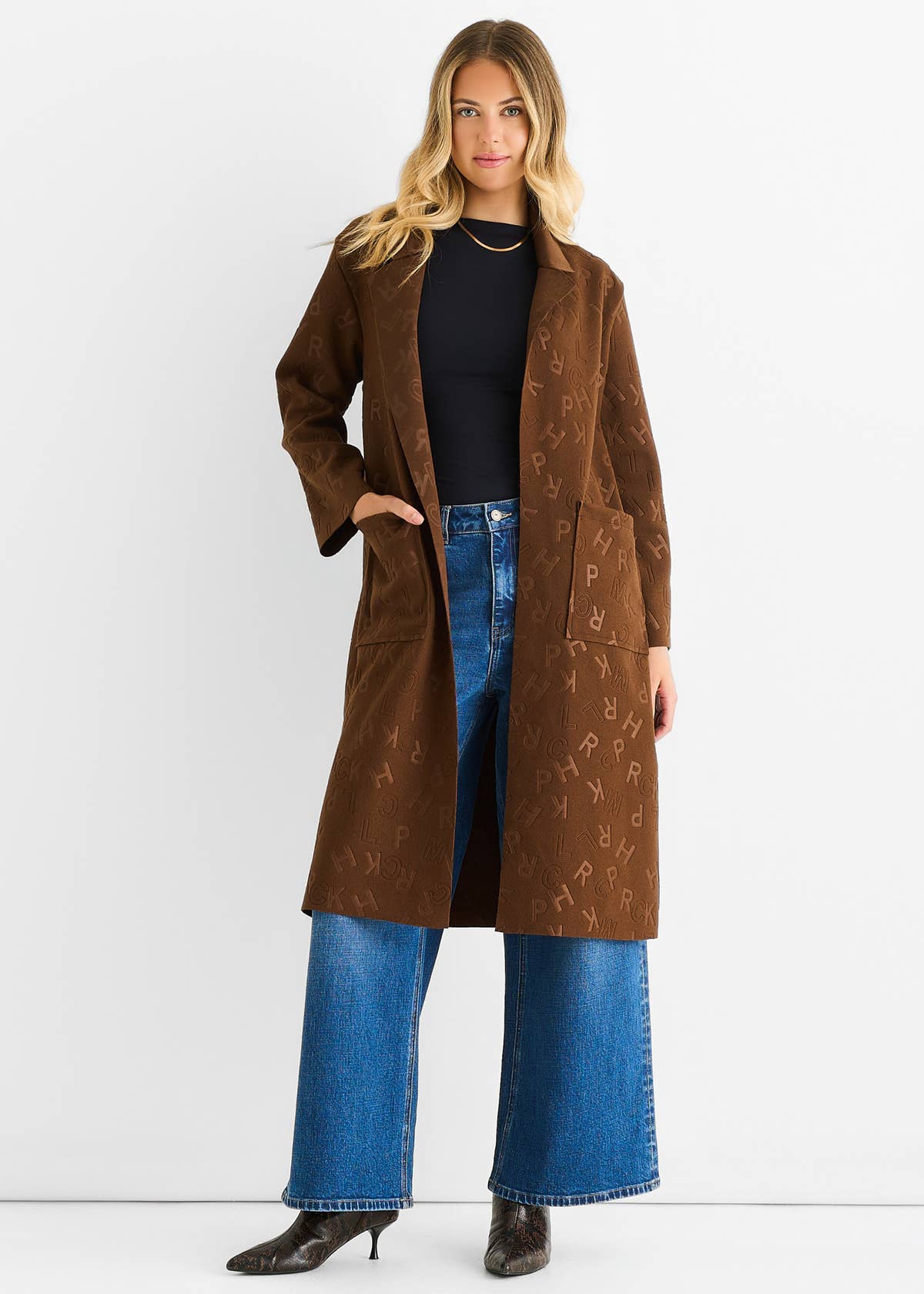 Chocolate Embossed Edge to Edge Lightweight Jacket – View 1 | Gini London