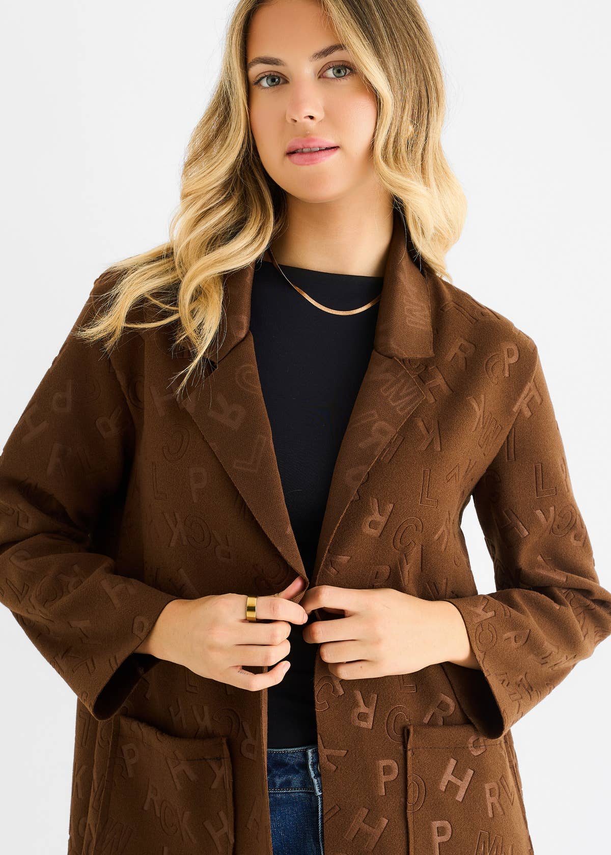 Chocolate Embossed Edge to Edge Lightweight Jacket – View 3 | Gini London