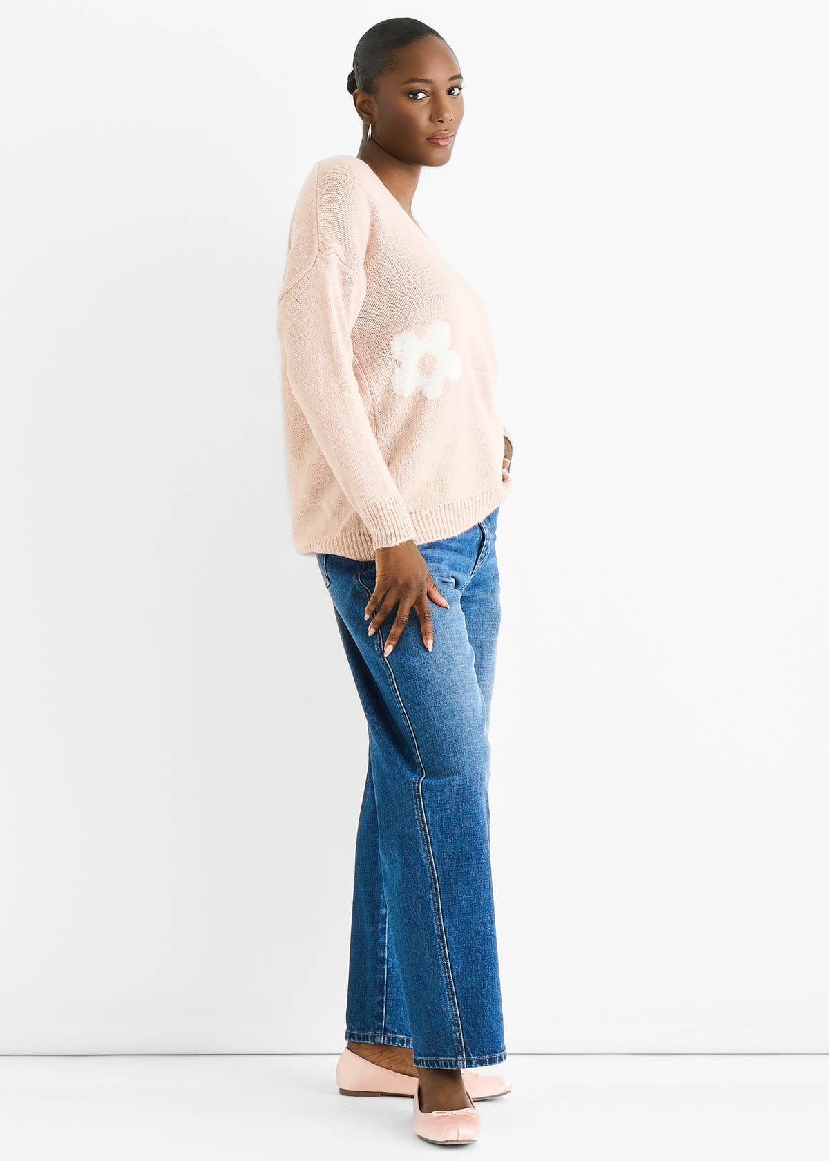 Blush Contrast Flower Pattern Knit Jumper