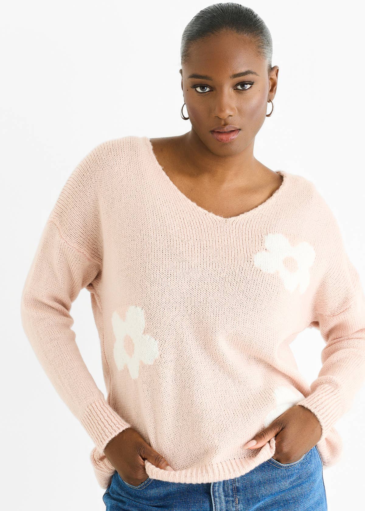 Blush Contrast Flower Pattern Knit Jumper