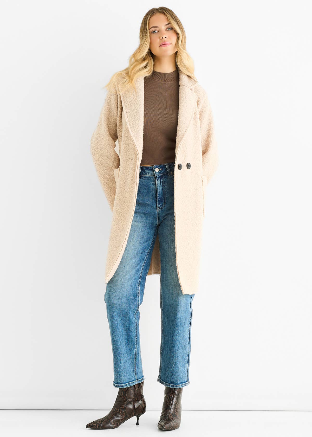 Beige Shearling Mid Length Double Breasted Jacket – View 1 | Gini London
