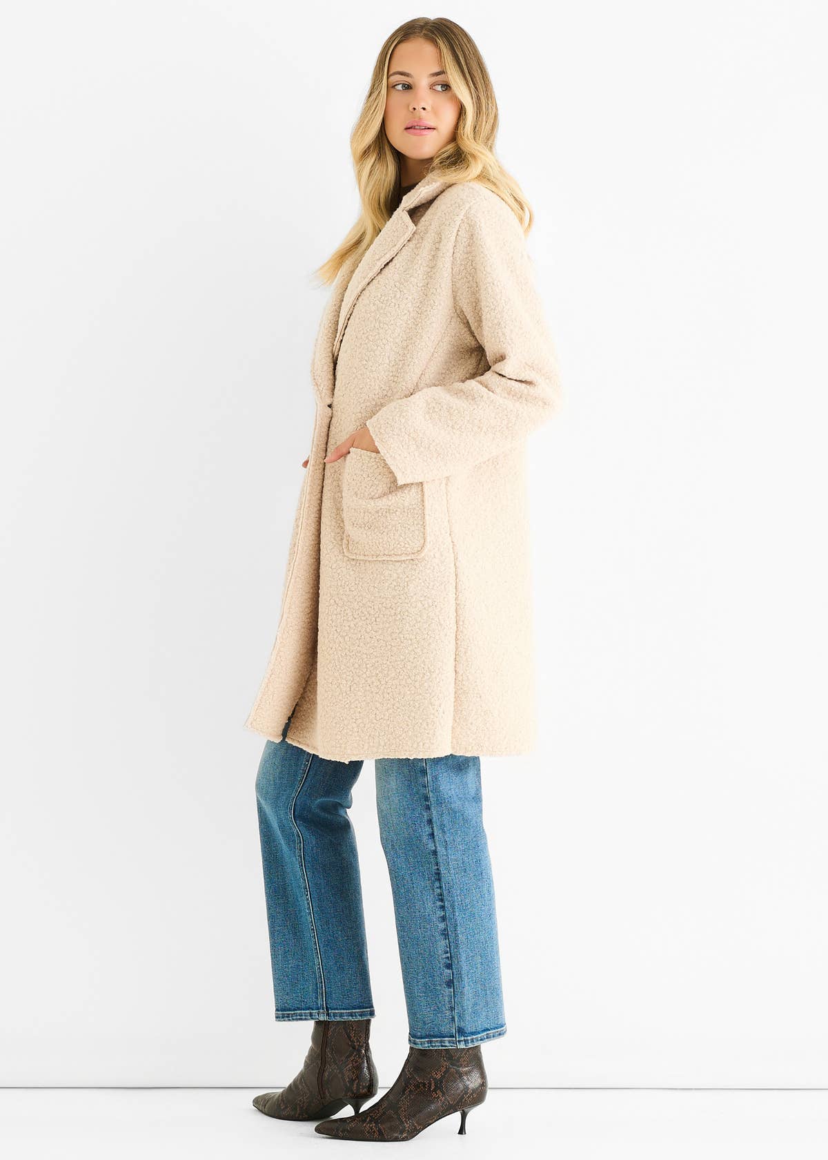 Beige Shearling Mid Length Double Breasted Jacket – View 3 | Gini London