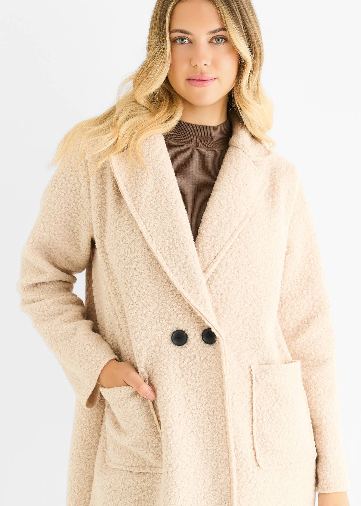 Beige Shearling Mid Length Double Breasted Jacket – View 2 | Gini London