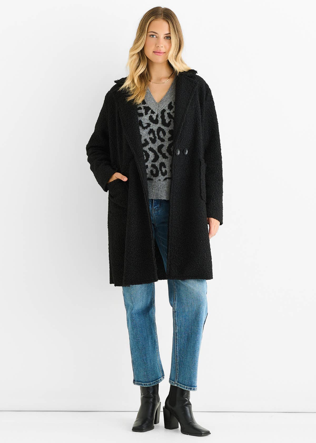 Black Shearling Mid Length Double Breasted Jacket – View 1 | Gini London