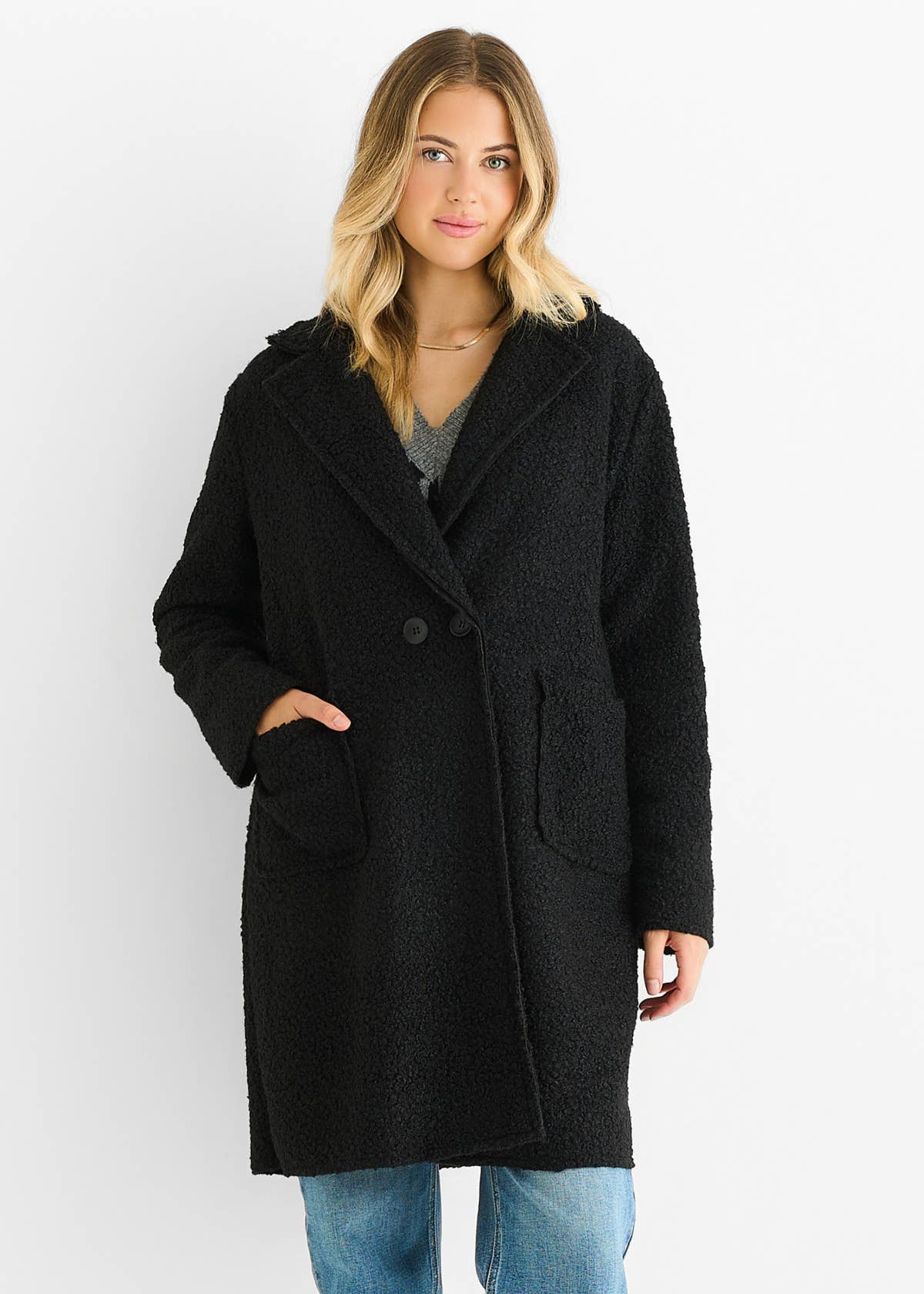Black Shearling Mid Length Double Breasted Jacket – View 3 | Gini London