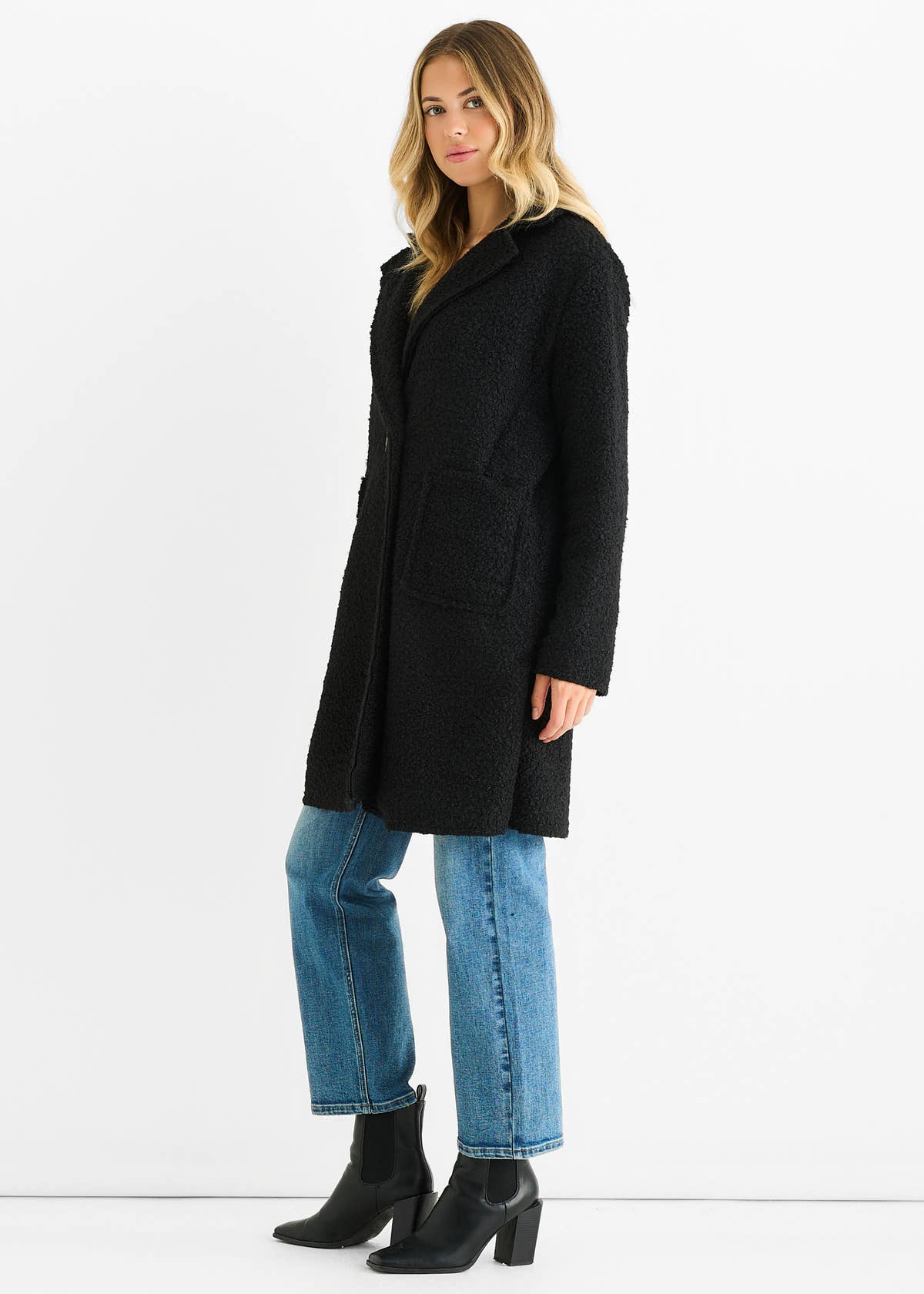 Black Shearling Mid Length Double Breasted Jacket – View 4 | Gini London