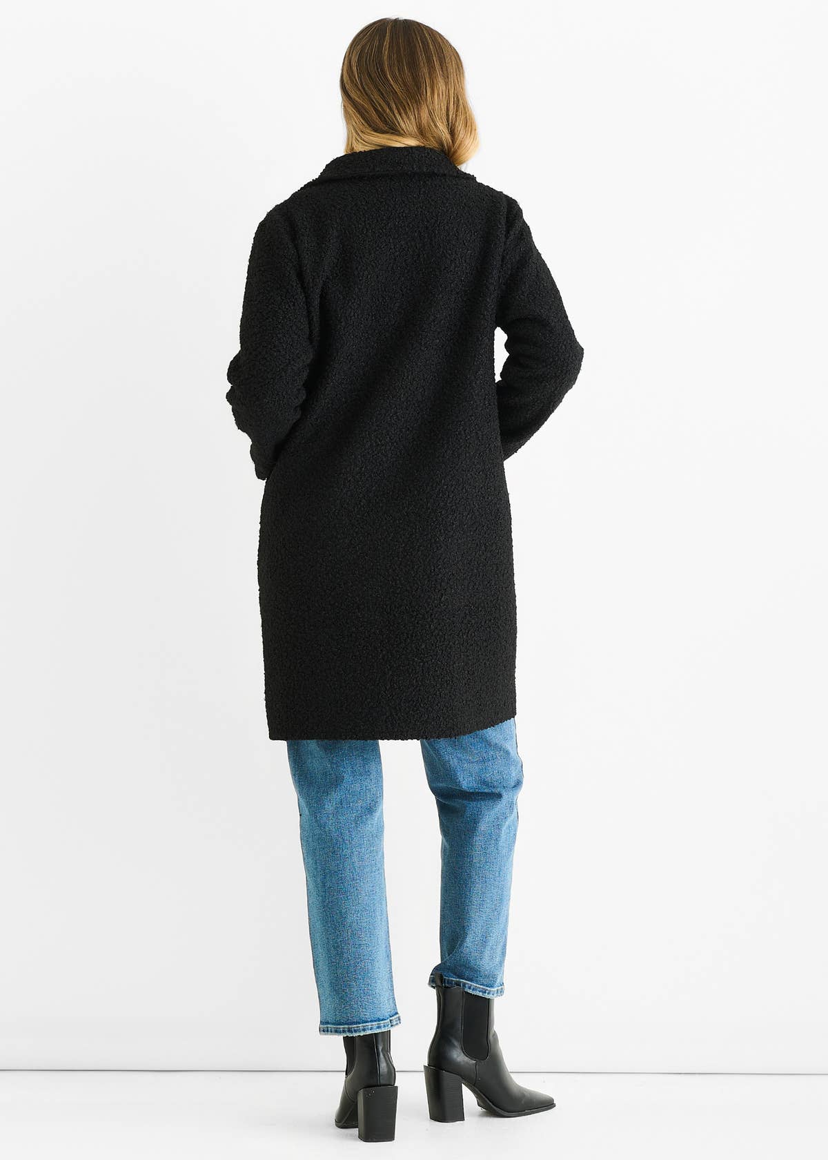 Black Shearling Mid Length Double Breasted Jacket – View 2 | Gini London