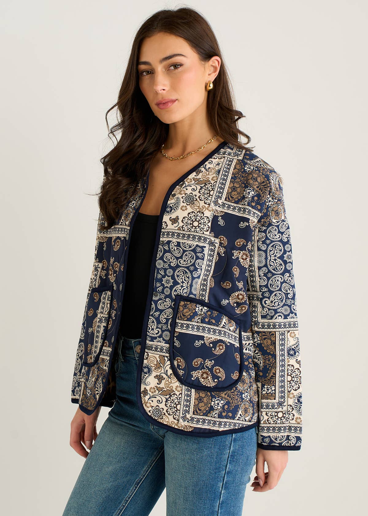 Navy Paisley Tile Print Lightweight Viscose Quilted Jacket – View 4 | Gini London