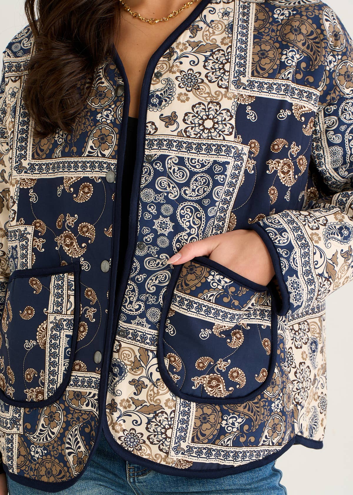 Navy Paisley Tile Print Lightweight Viscose Quilted Jacket – View 3 | Gini London
