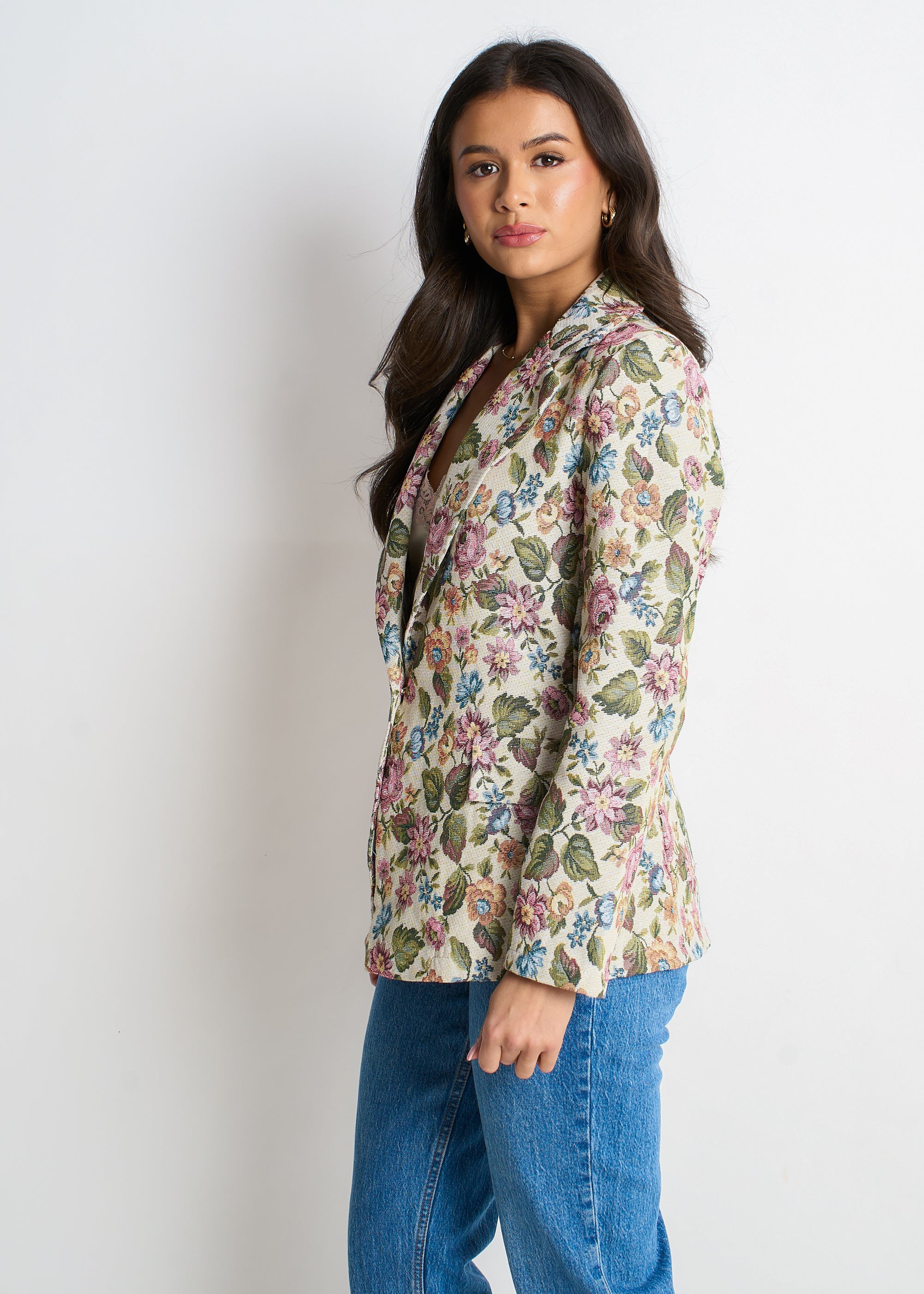 Beige Floral Jacquard Tailored Blazer