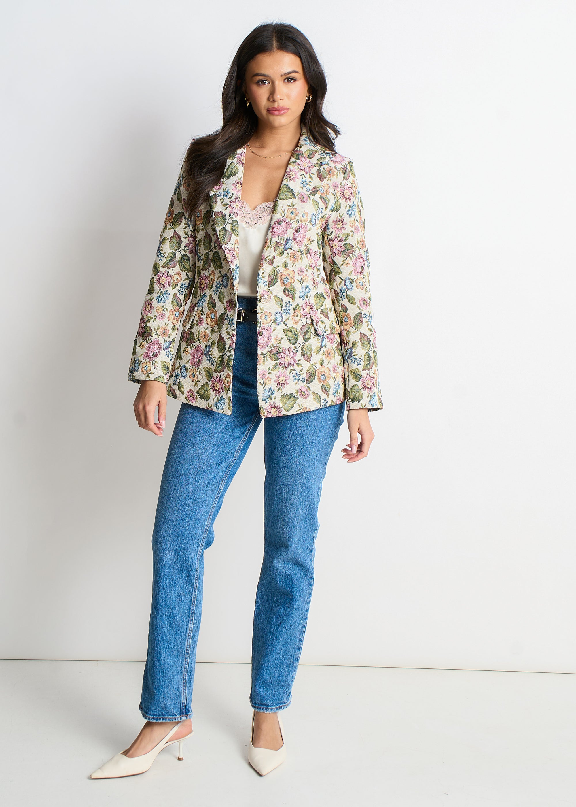 Beige Floral Jacquard Tailored Blazer