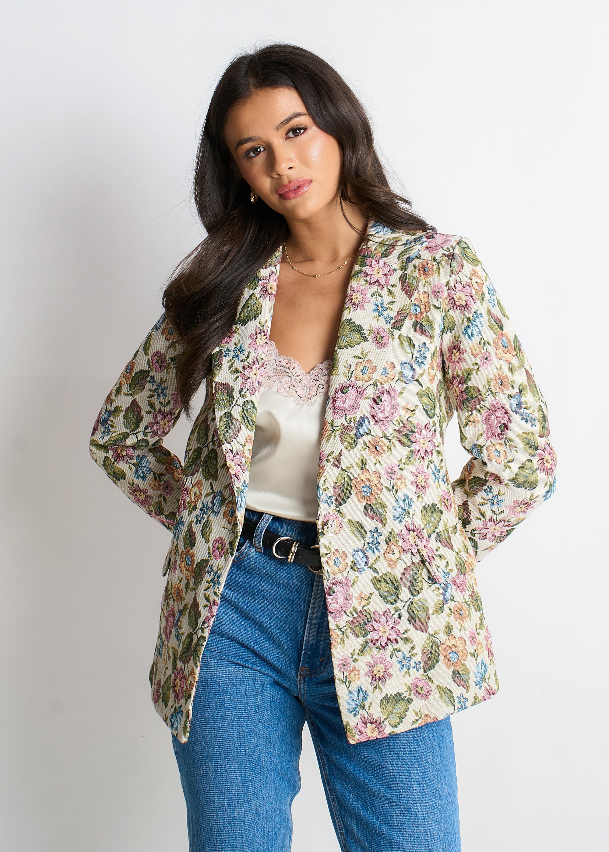 Beige Floral Jacquard Tailored Blazer