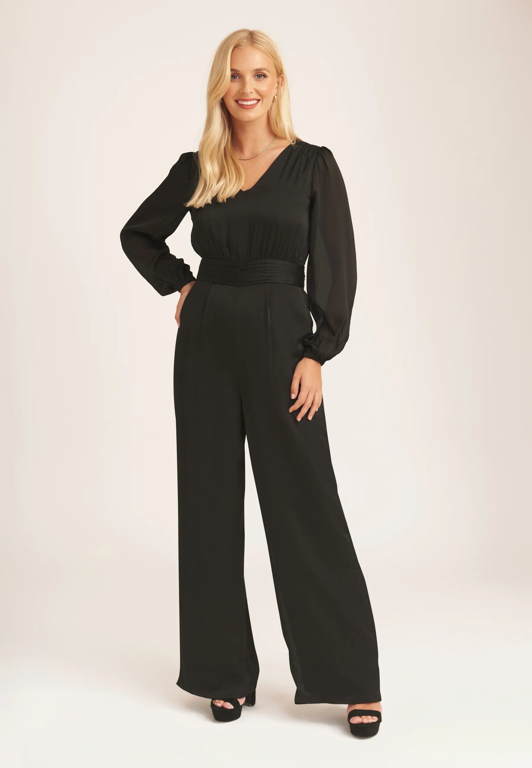 Black Satin V Neck Ruched Waist Belted Jumpsuit