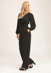 Black Satin V Neck Ruched Waist Belted Jumpsuit