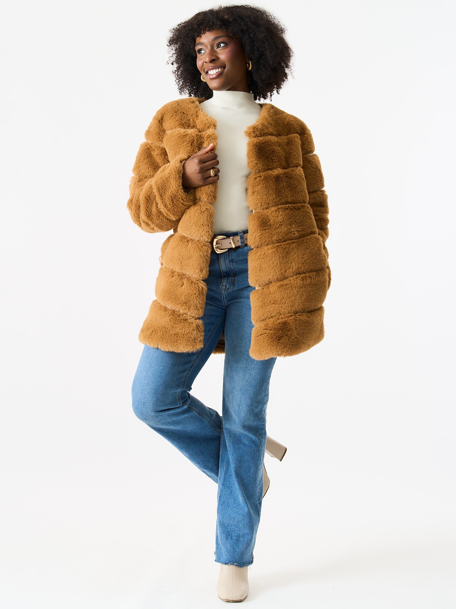 Camel Diagonal Cut Faux Fur Long Sleeve Jacket