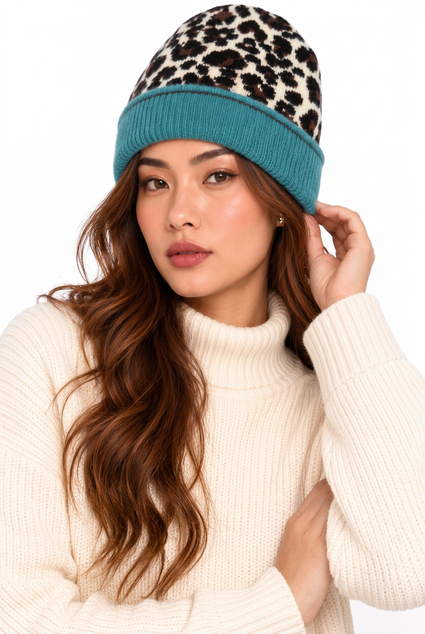 Multi Ladies Animal Beanie Contrast Cuff Hat