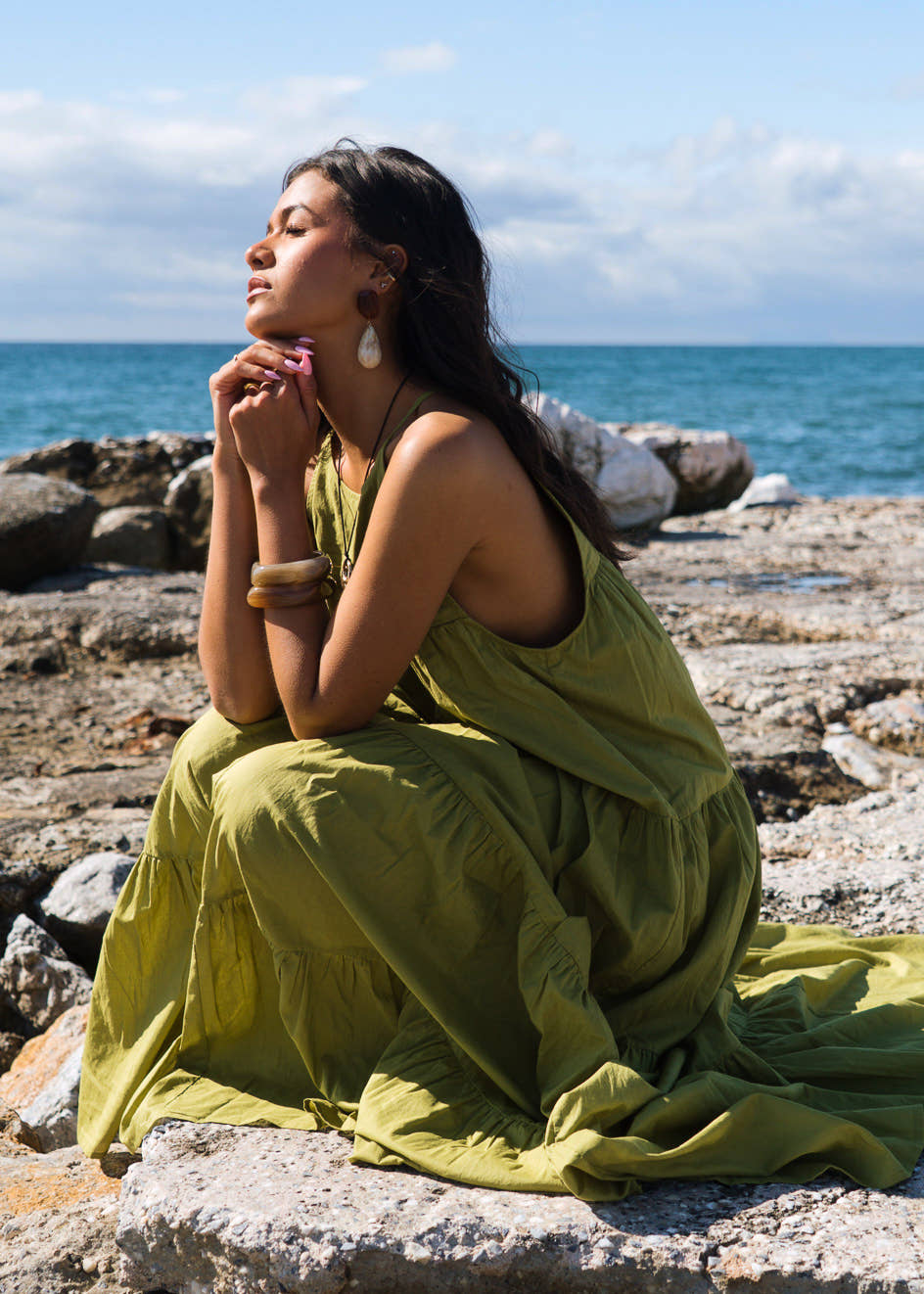 Khaki Tiered Halter Maxi Trapeze Dress