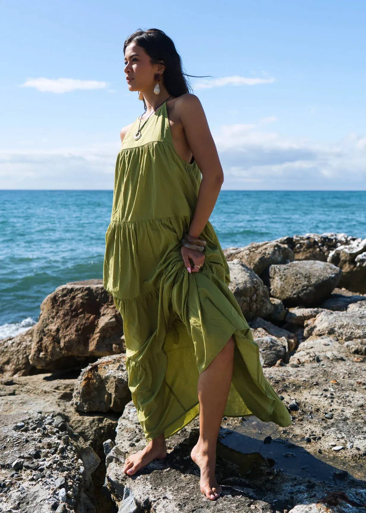 Khaki Tiered Halter Maxi Trapeze Dress