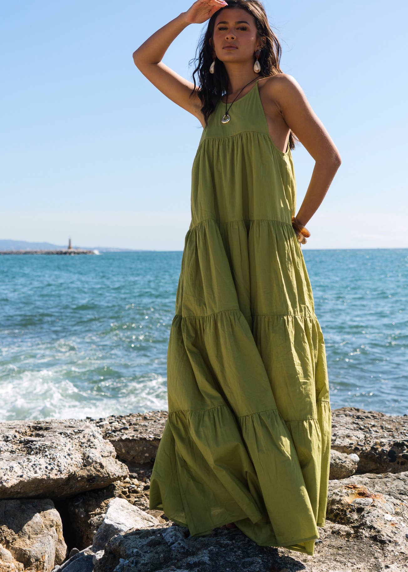 Khaki Tiered Halter Maxi Trapeze Dress