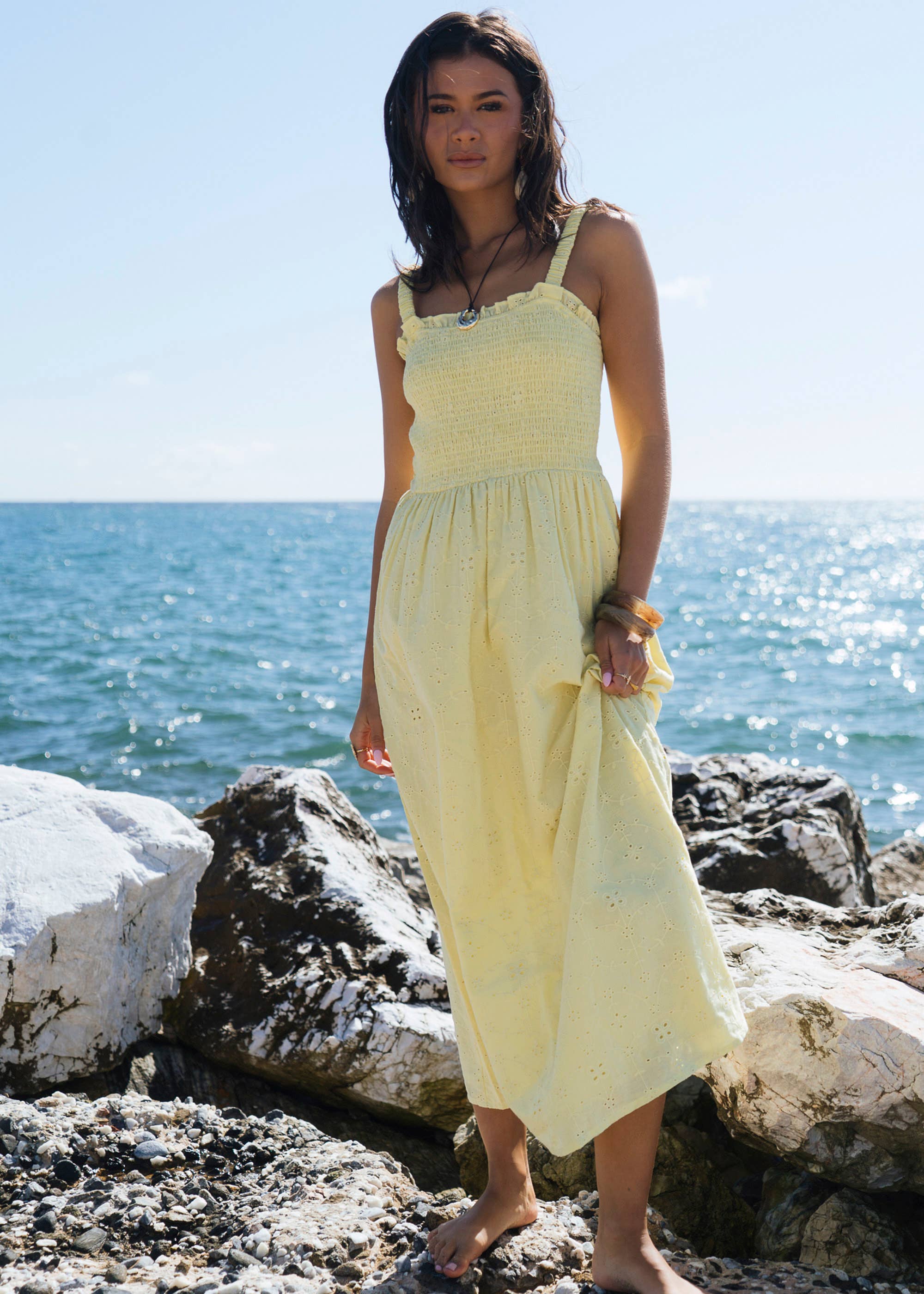 Yellow Embroidered Shirred Bodice Sun Dress – Gini London