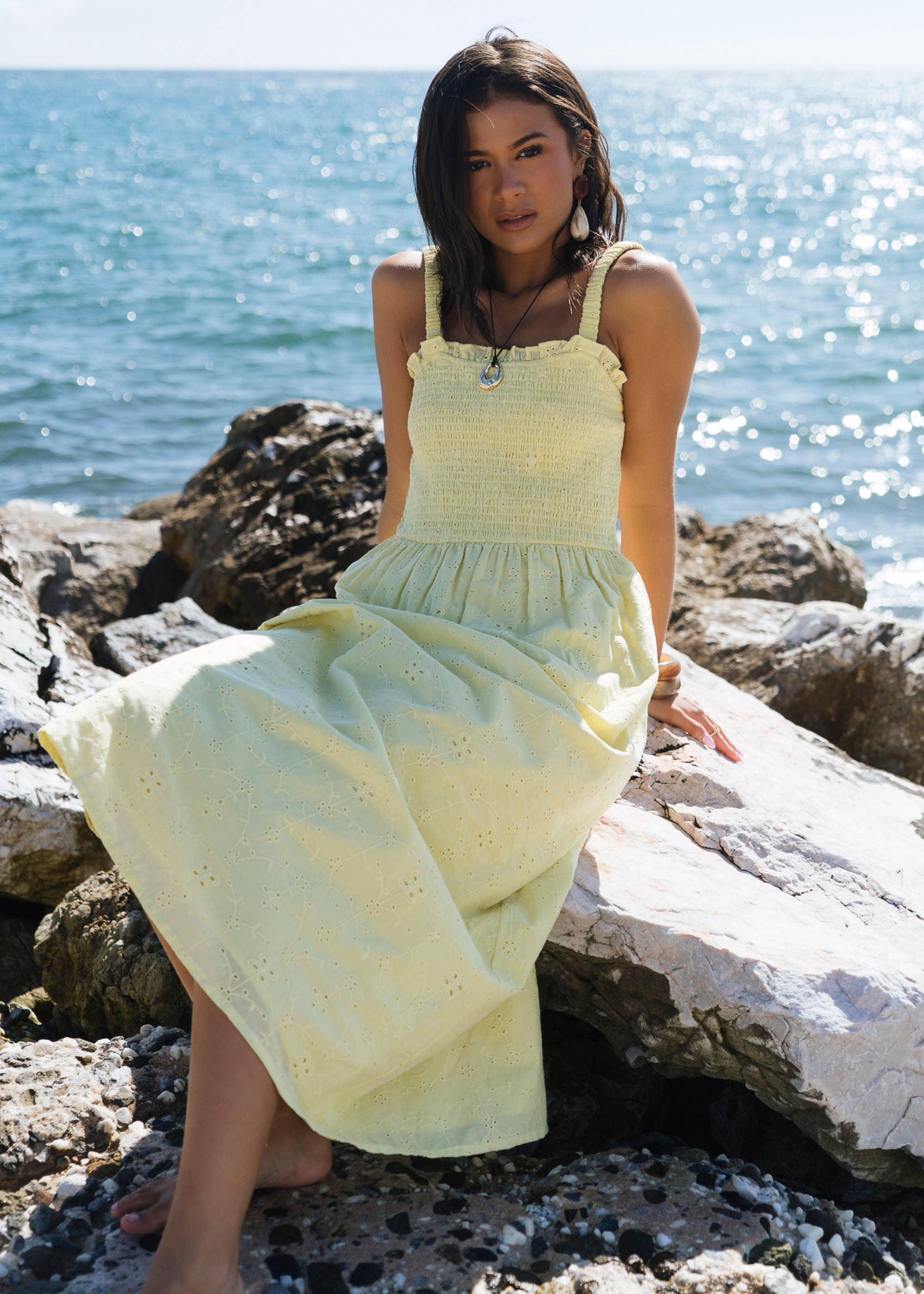 Yellow Embroidered Shirred Bodice Sun Dress