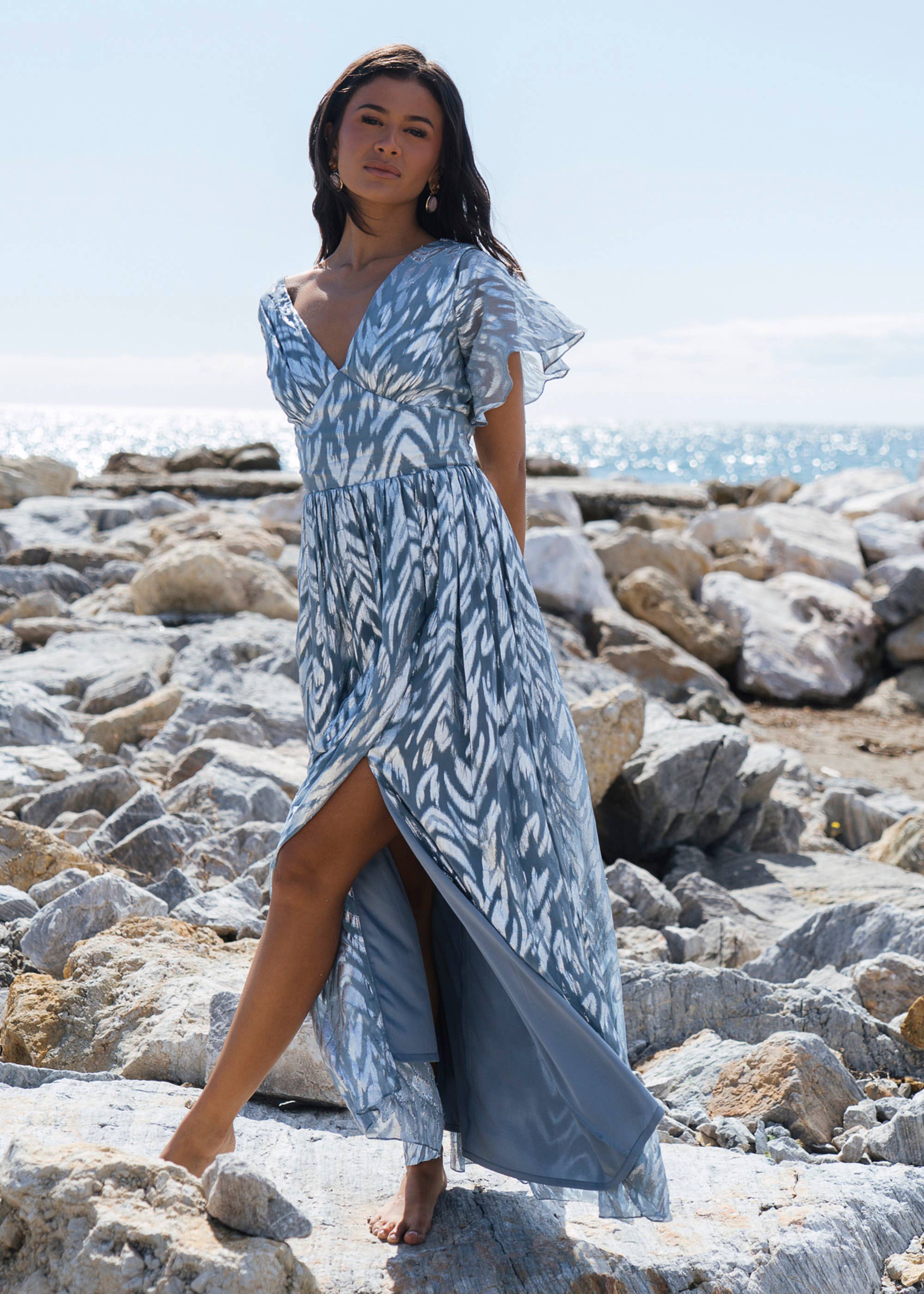 Blue Foil Metallic Print Short Sleeves Maxi Dress