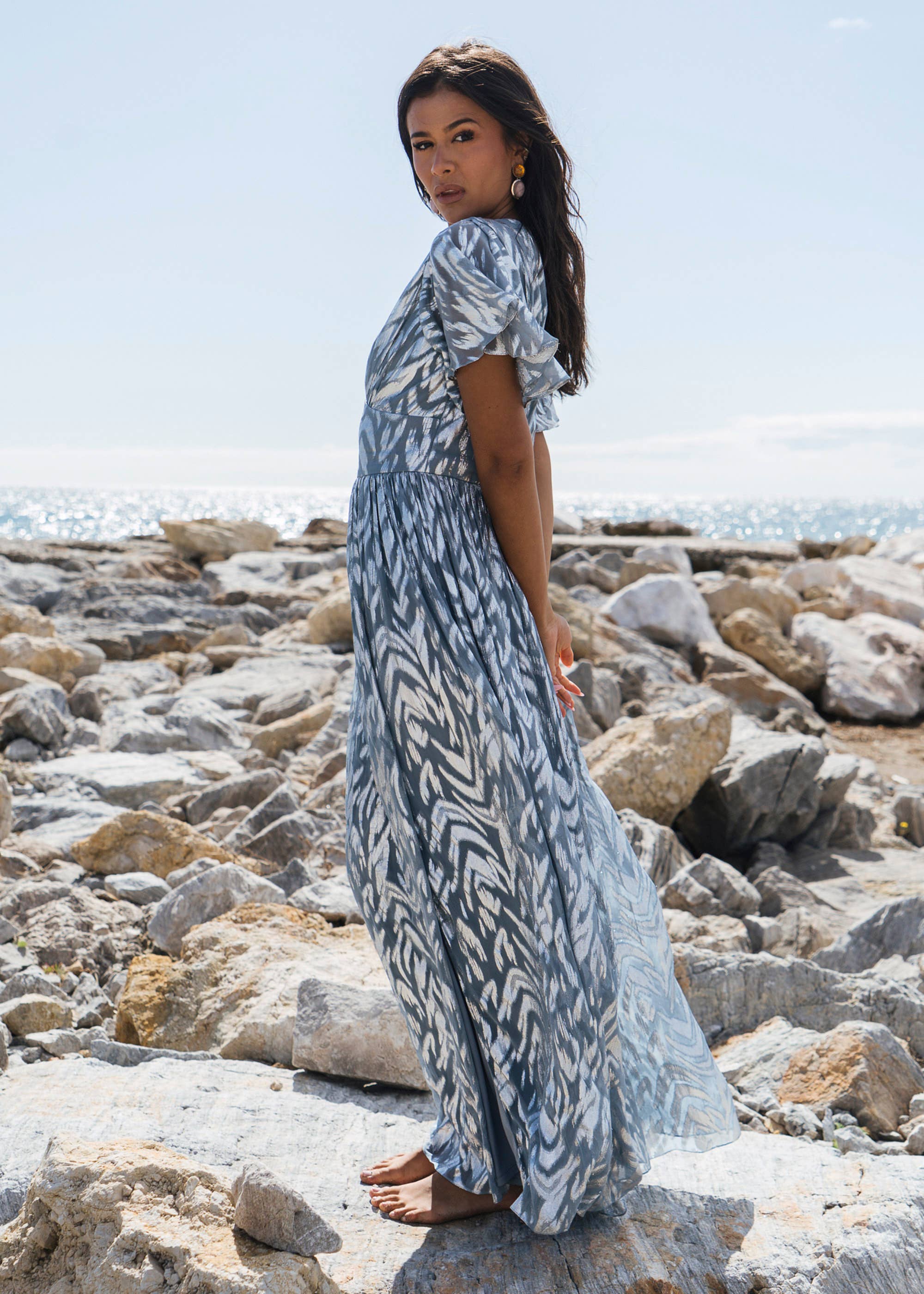 Blue Foil Metallic Print Short Sleeves Maxi Dress