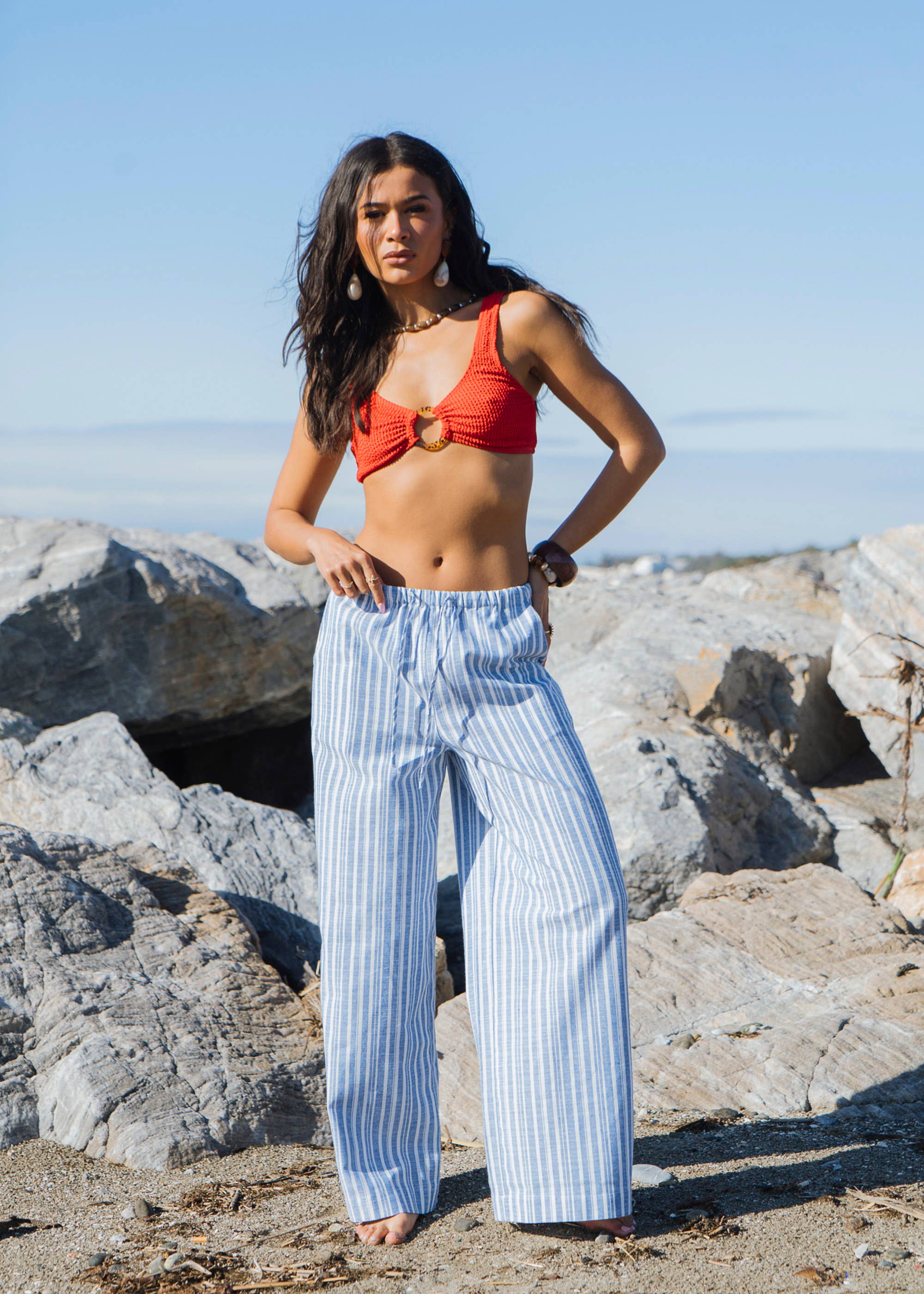 Blue Cotton and Linen Blend Stripe Trousers