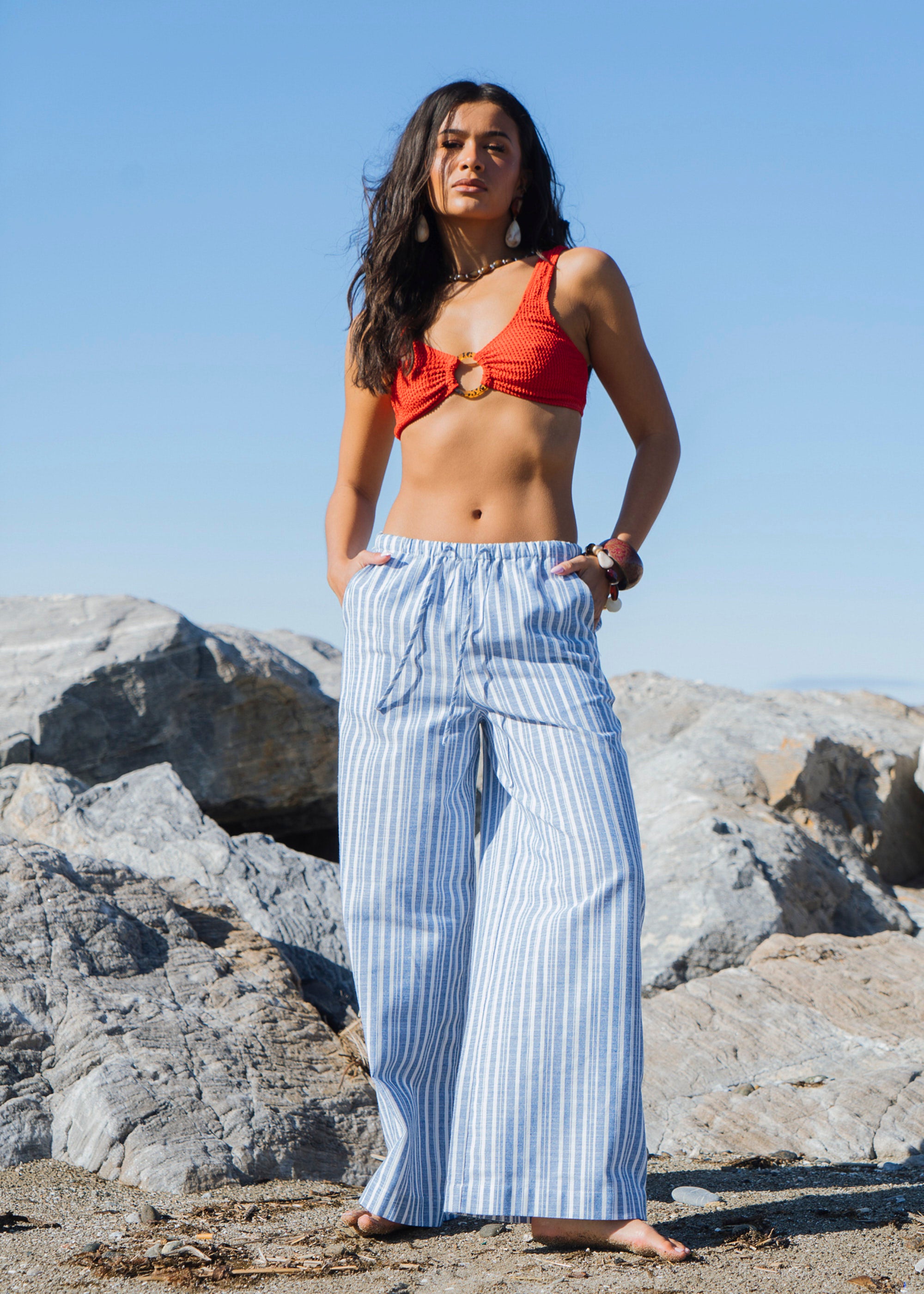 Cotton Linen Blend Stripe Trousers