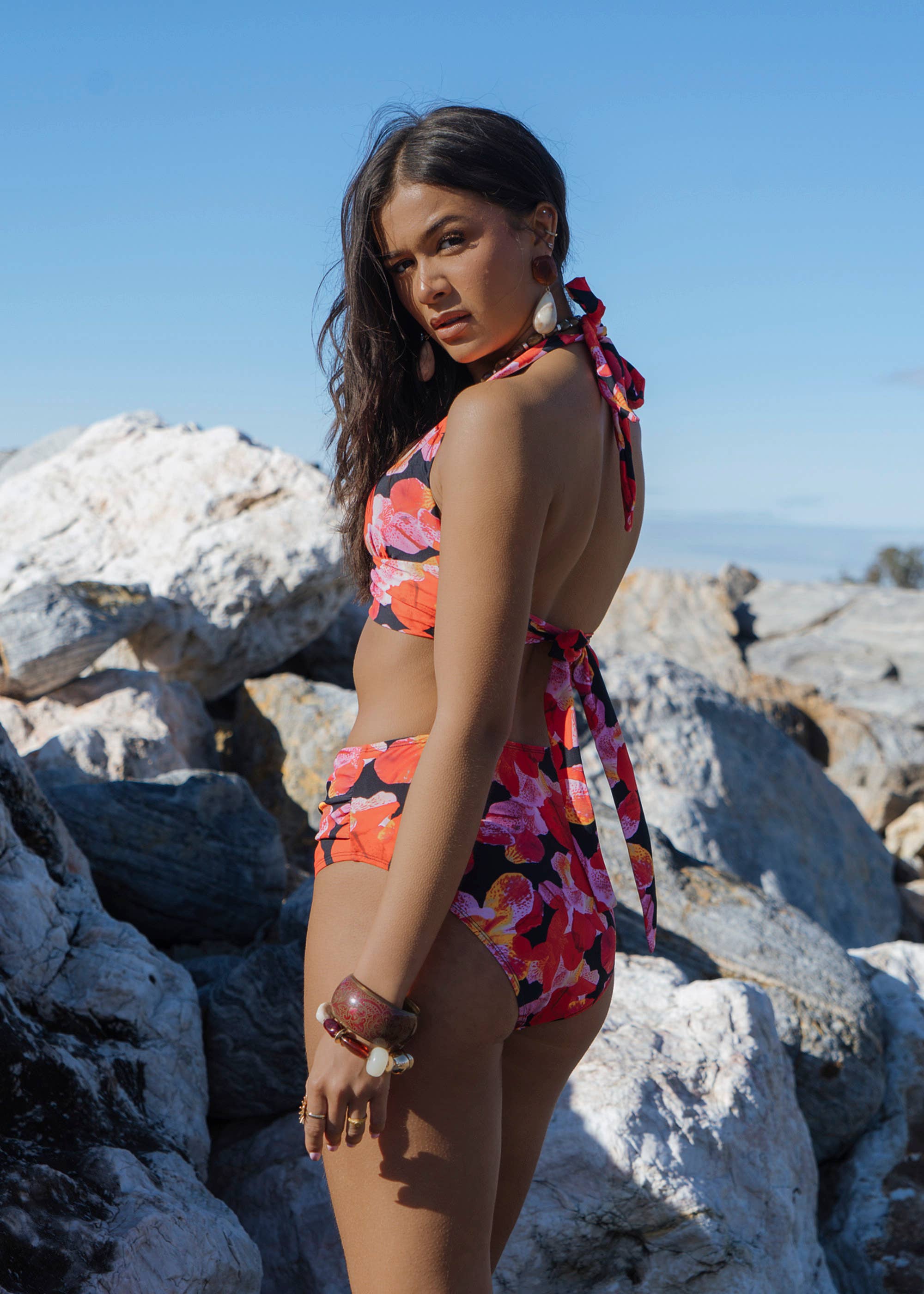 Black Contrast Floral Halter Neck Bikini Top