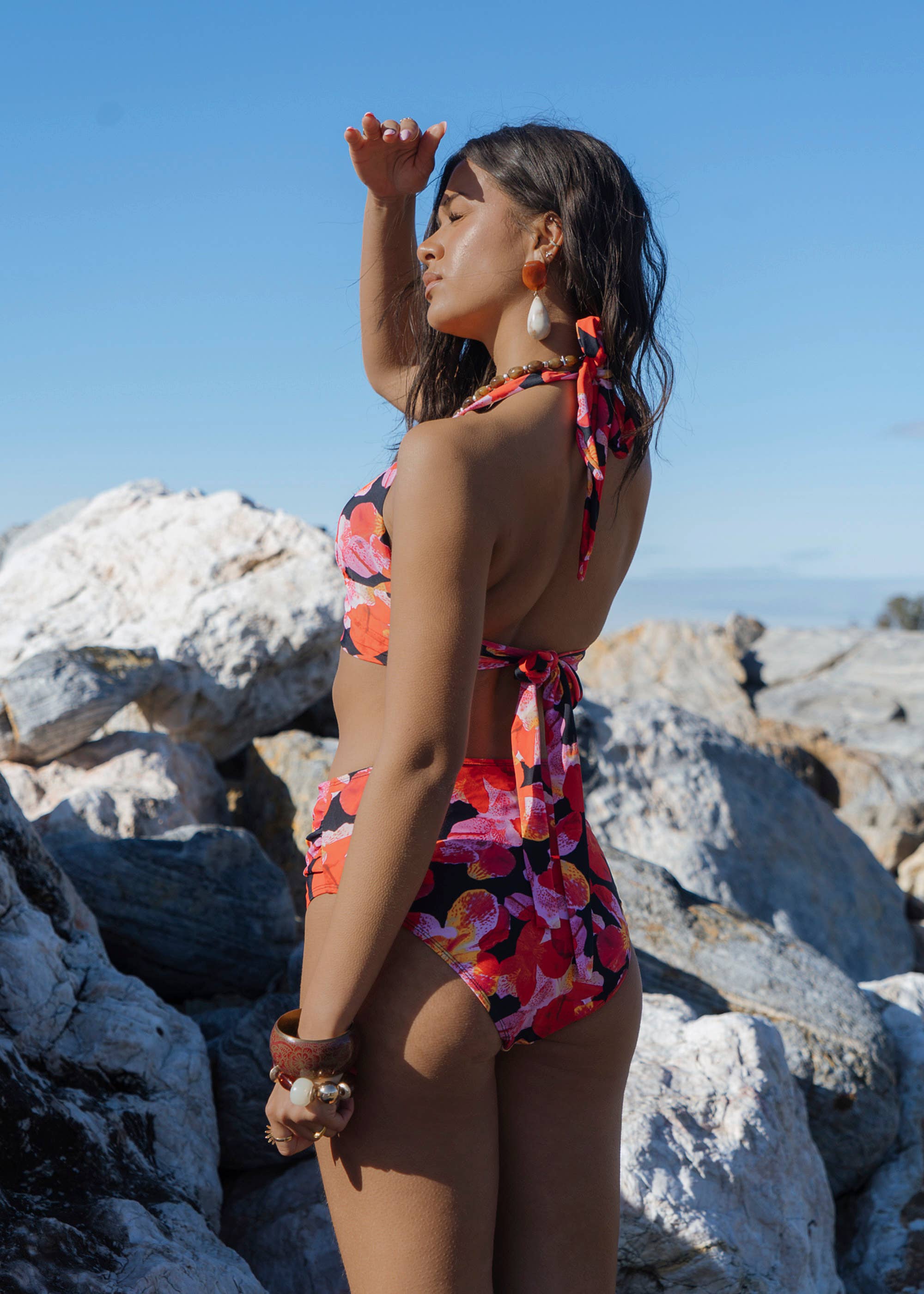 Black Contrast Floral High Waisted Bikini Bottom