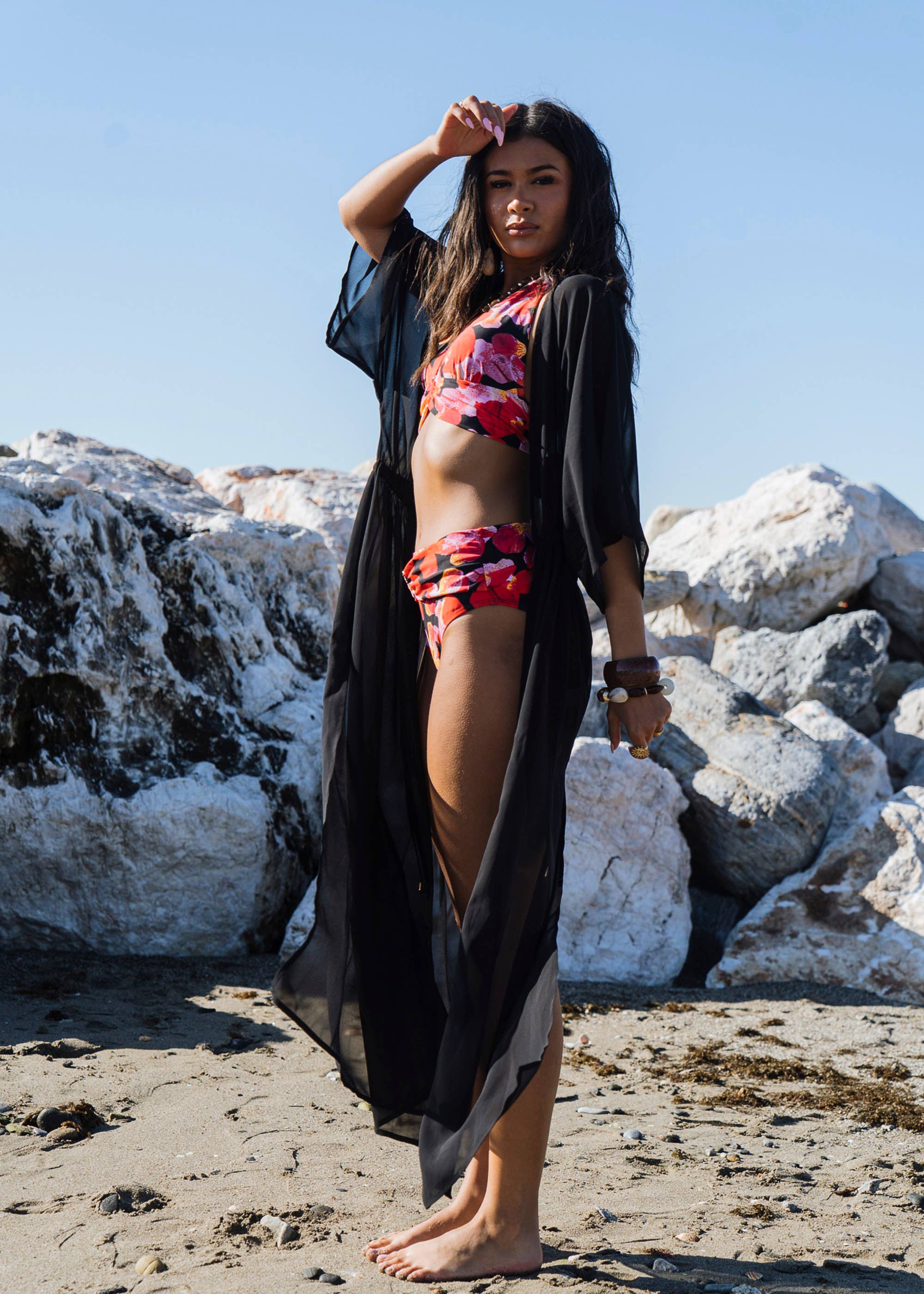Black Flowy Open Front Beach Cover Kimono