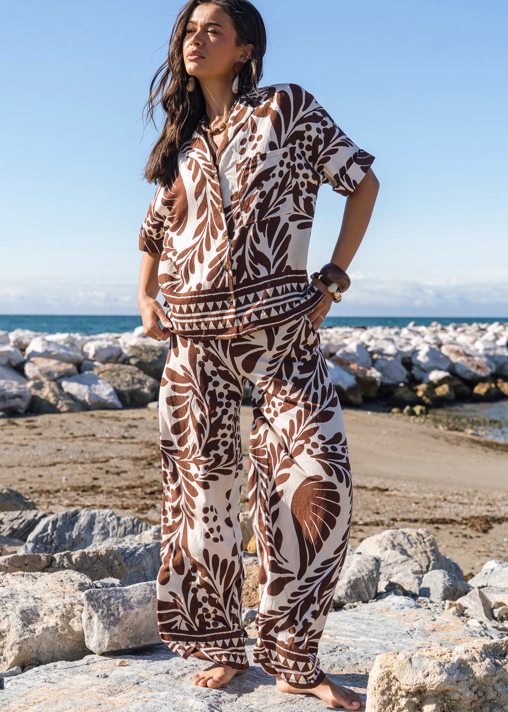 Chocolate Border Print Elasticated Trousers