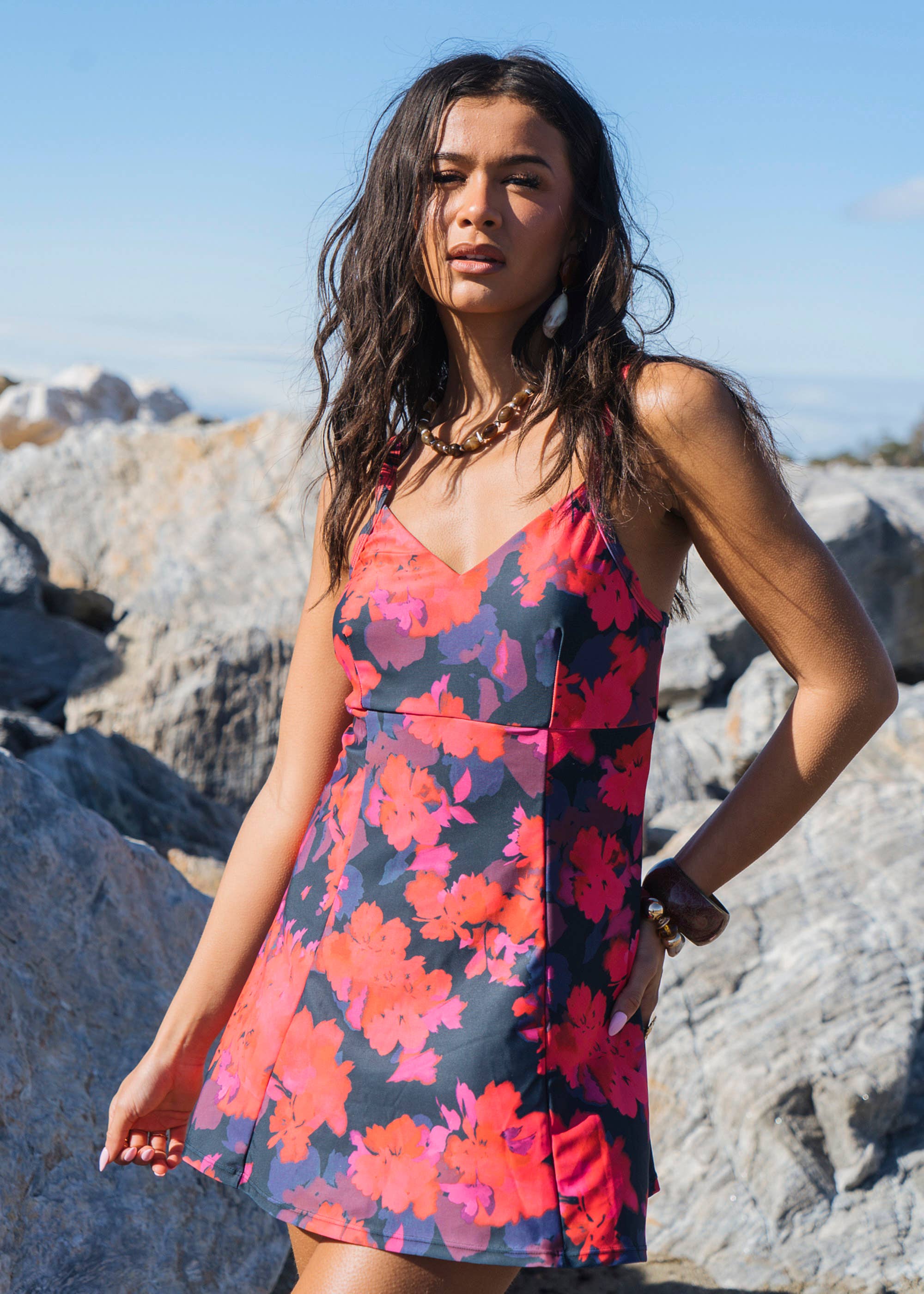 Red Floral Print Strappy Skirted Swimsuit