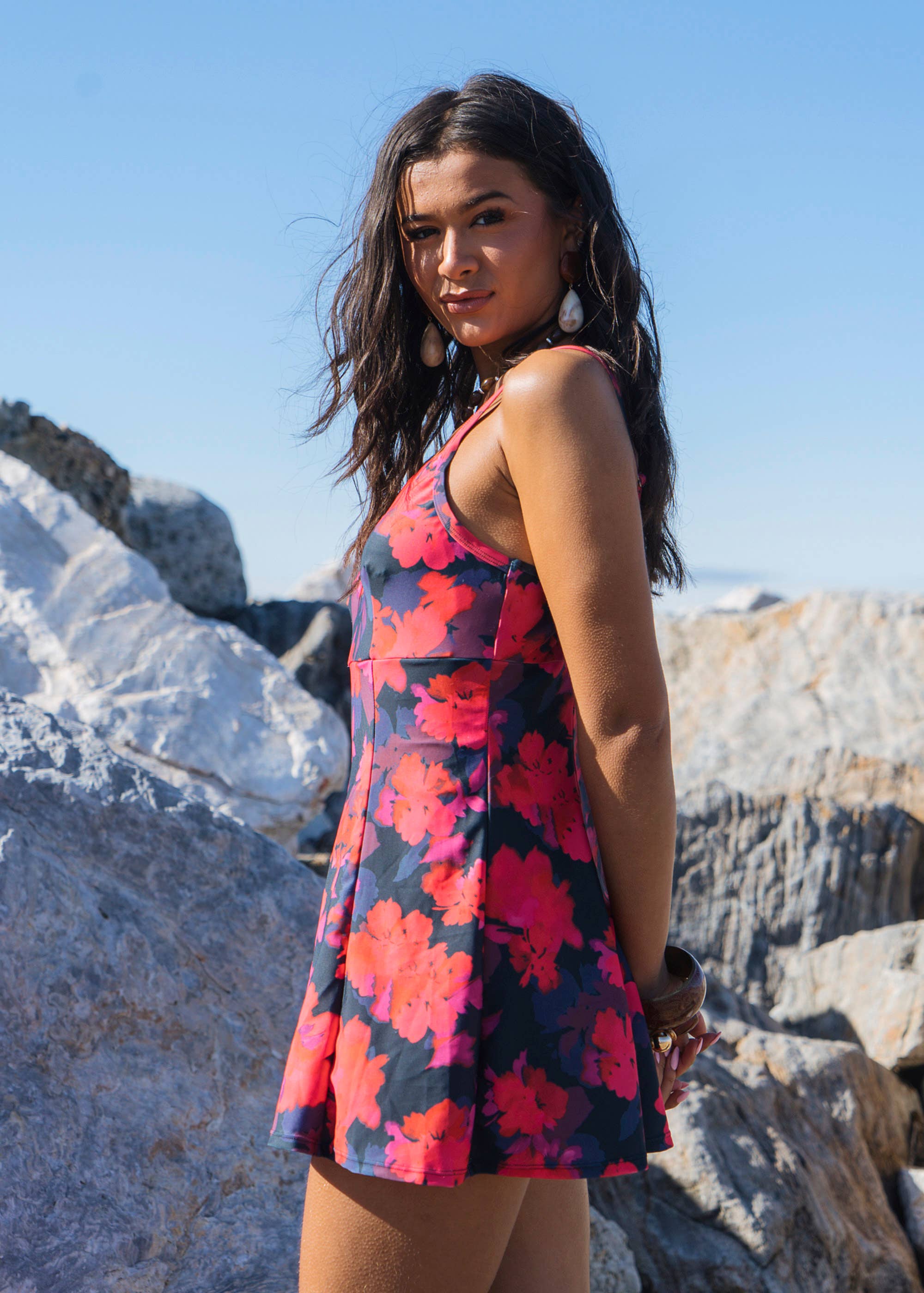 Red Floral Print Strappy Skirted Swimsuit