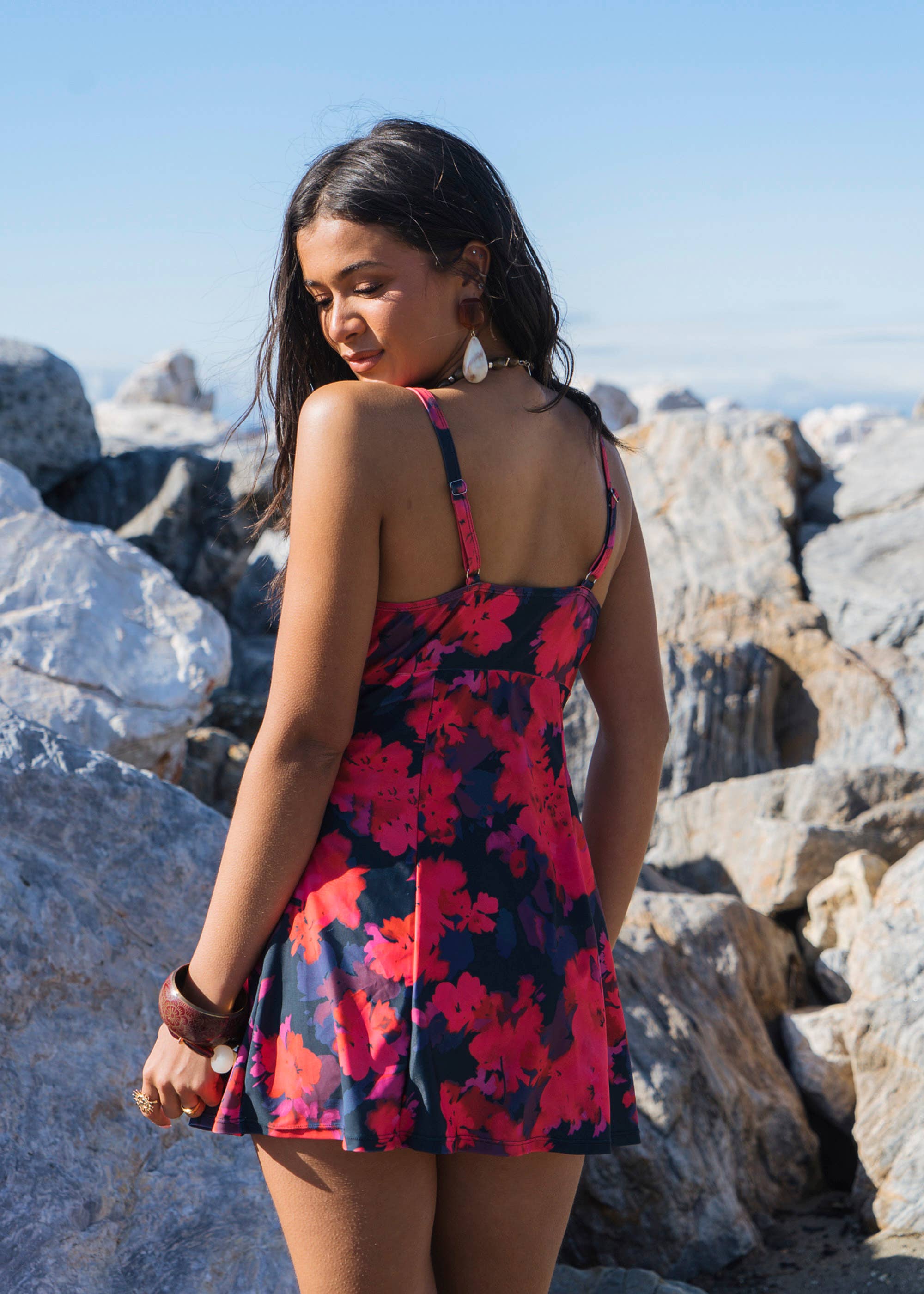 Red Floral Print Strappy Skirted Swimsuit
